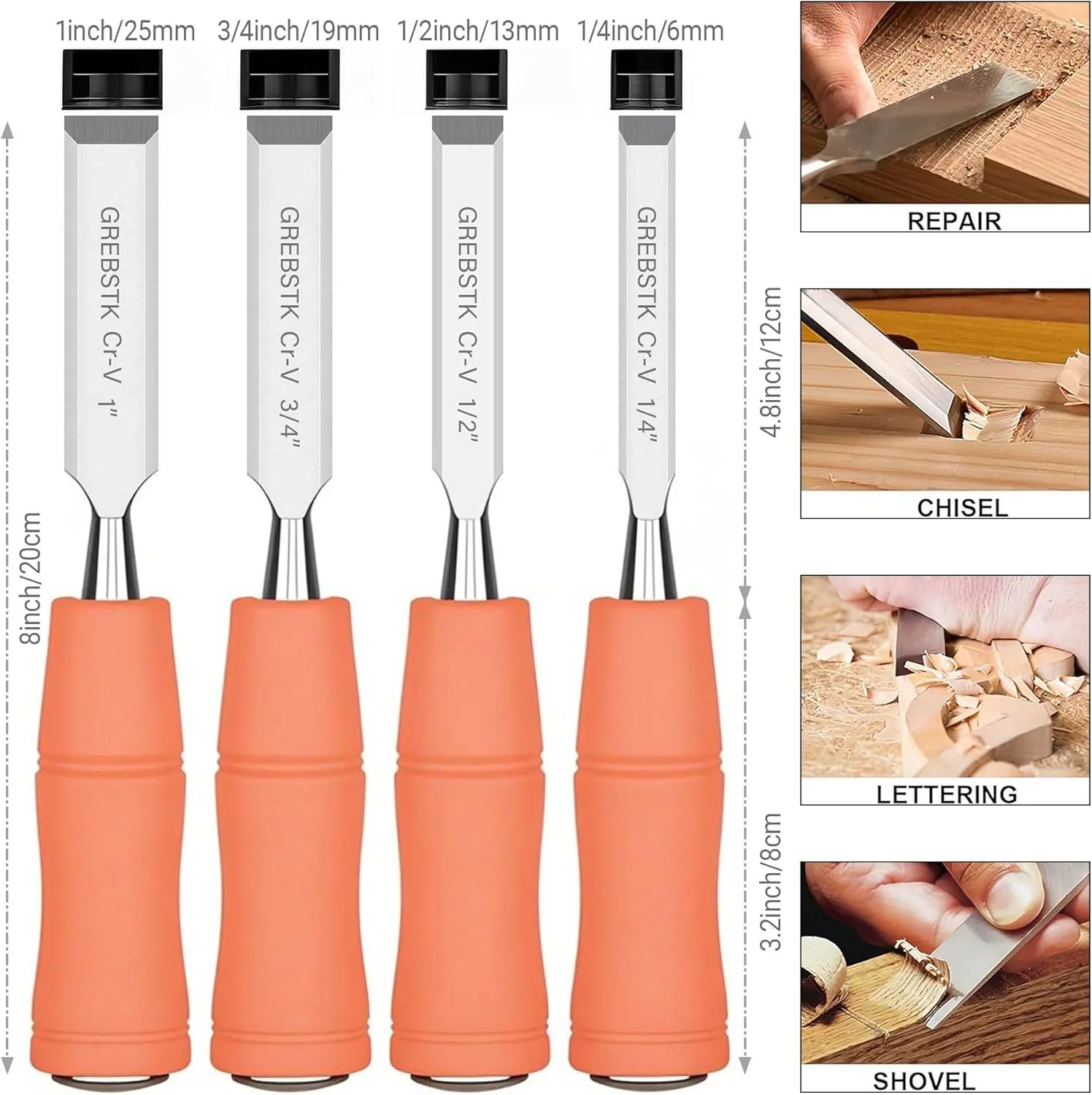 GREBSTK 4 Pcs Wood Chisel Set, CRV Steel Bevel Sharp Edge Bench Chisels with Edge Cover, Comfortful Rubber Handle with Metal Striking Cap, for Woodworking and DIY Projects (1/4", 1/2", 3/4", 1")