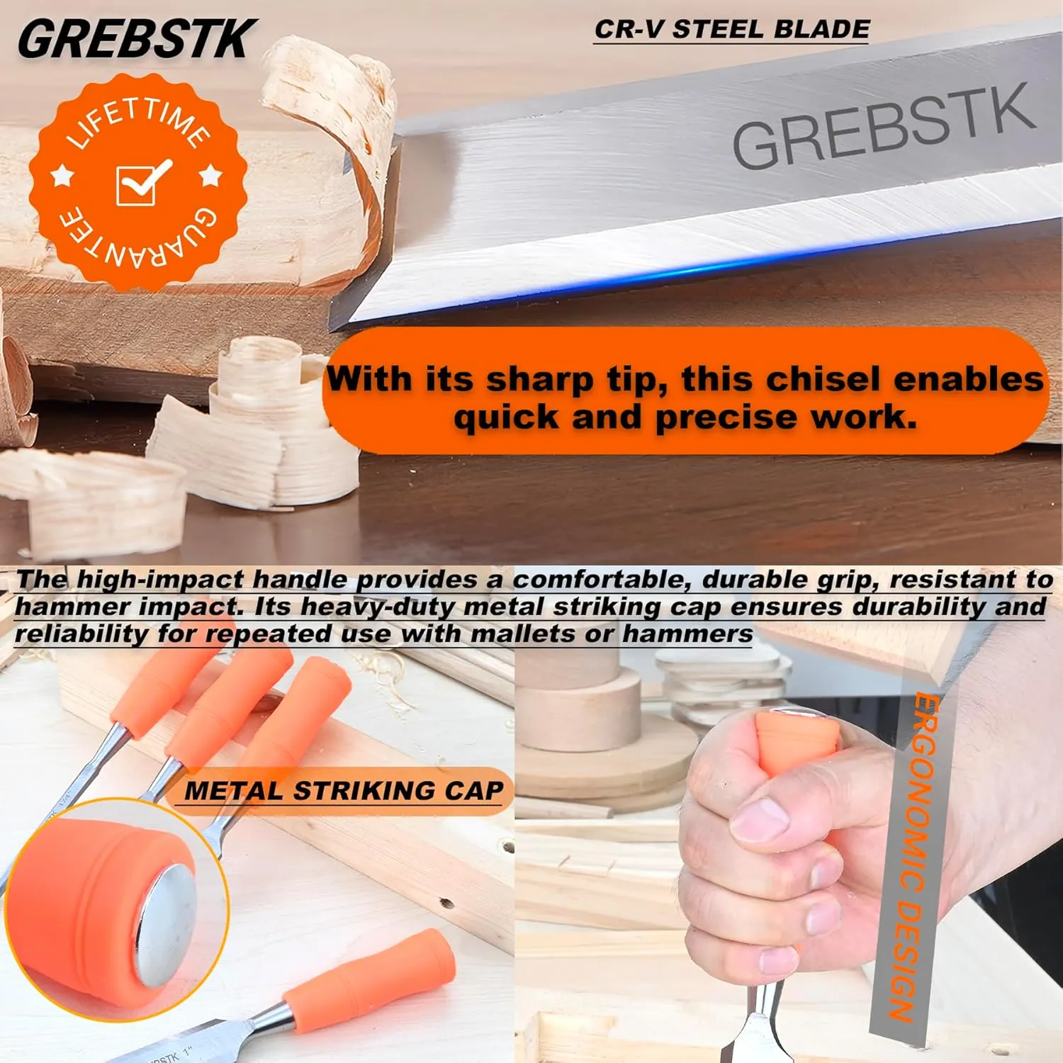 GREBSTK 4 Pcs Wood Chisel Set, CRV Steel Bevel Sharp Edge Bench Chisels with Edge Cover, Comfortful Rubber Handle with Metal Striking Cap, for Woodworking and DIY Projects (1/4", 1/2", 3/4", 1")