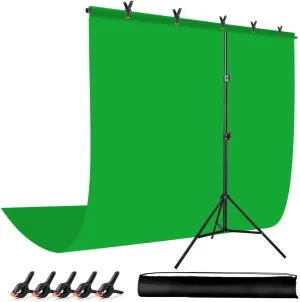Green Screen Backdrop with Stand for Streaming, 6.5X 10ft (WxH) Protable Green Screen with 6.3 x 6.5 ft Stand kit, Greenscreen Background with Stand Carrying Bag 5 Spring Clamps