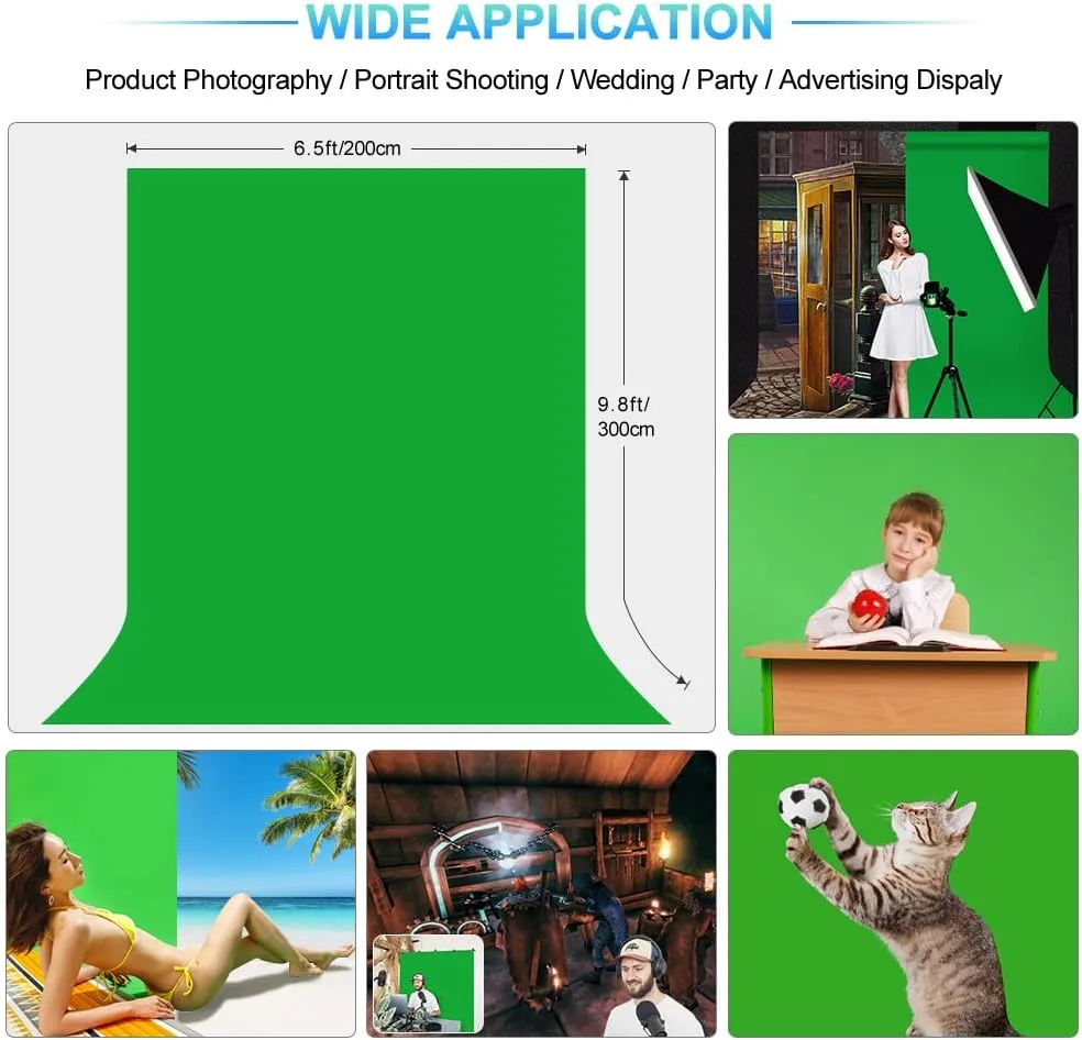 Green Screen Backdrop with Stand for Streaming, 6.5X 10ft (WxH) Protable Green Screen with 6.3 x 6.5 ft Stand kit, Greenscreen Background with Stand Carrying Bag 5 Spring Clamps