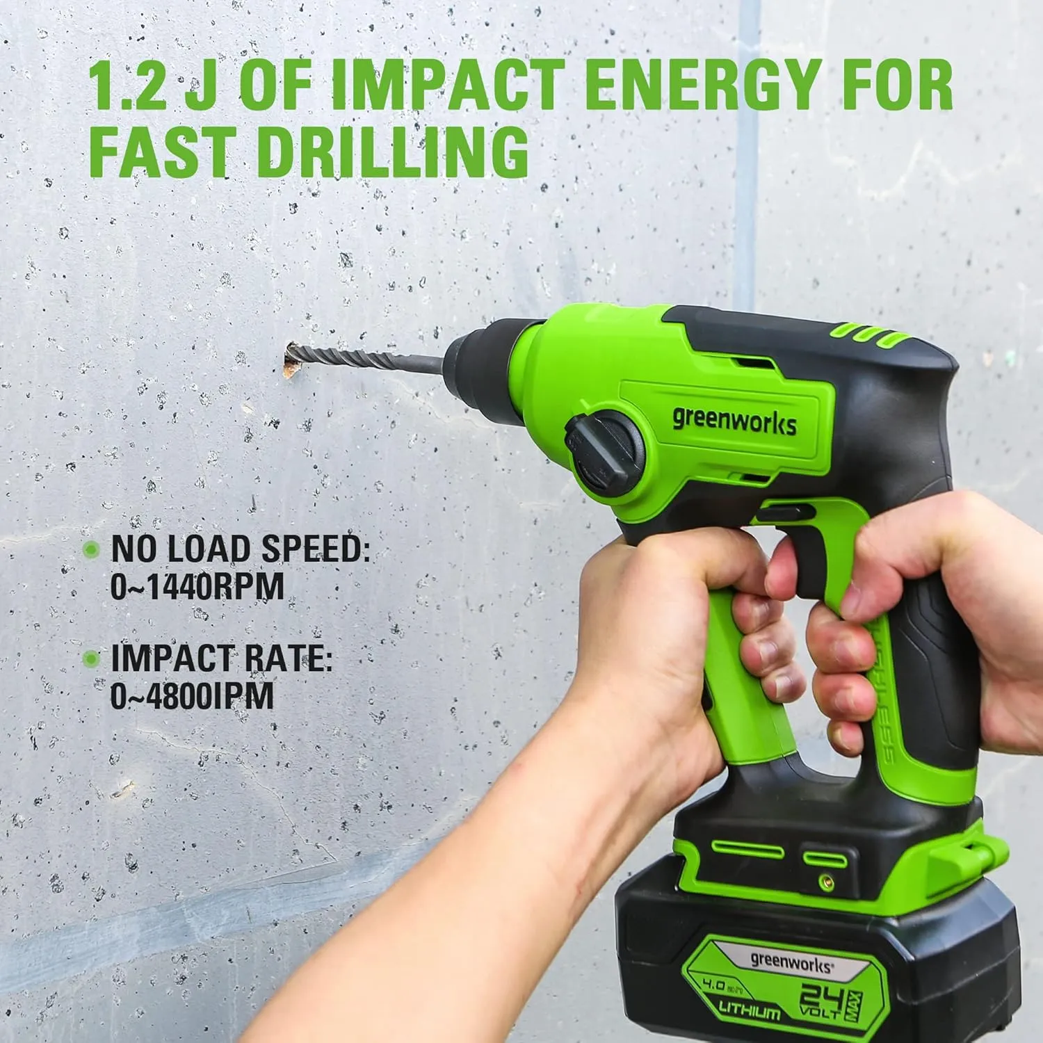 Greenworks 24V Cordless SDS 1.2J Heavy Duty Rotary Hammer Drill, 1-Inch Brushless Hammer Drill for Concrete, 2-Mode And Vairable Speed, 4AH Battery & Charger Included