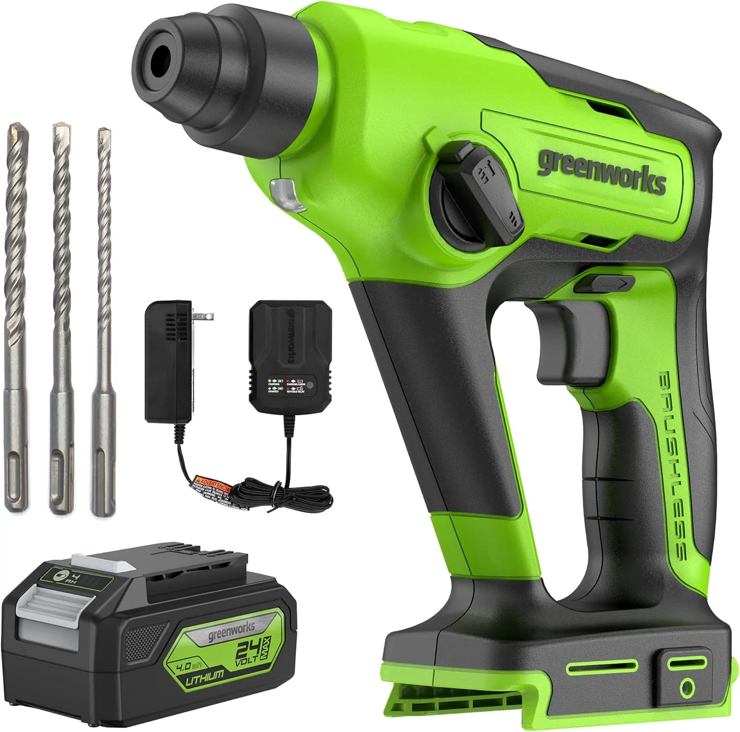 Greenworks 24V Cordless SDS 1.2J Heavy Duty Rotary Hammer Drill, 1-Inch Brushless Hammer Drill for Concrete, 2-Mode And Vairable Speed, 4AH Battery & Charger Included
