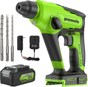 Greenworks 24V Cordless SDS 1.2J Heavy Duty Rotary Hammer Drill, 1-Inch Brushless Hammer Drill for Concrete, 2-Mode And Vairable Speed, 4AH Battery & Charger Included