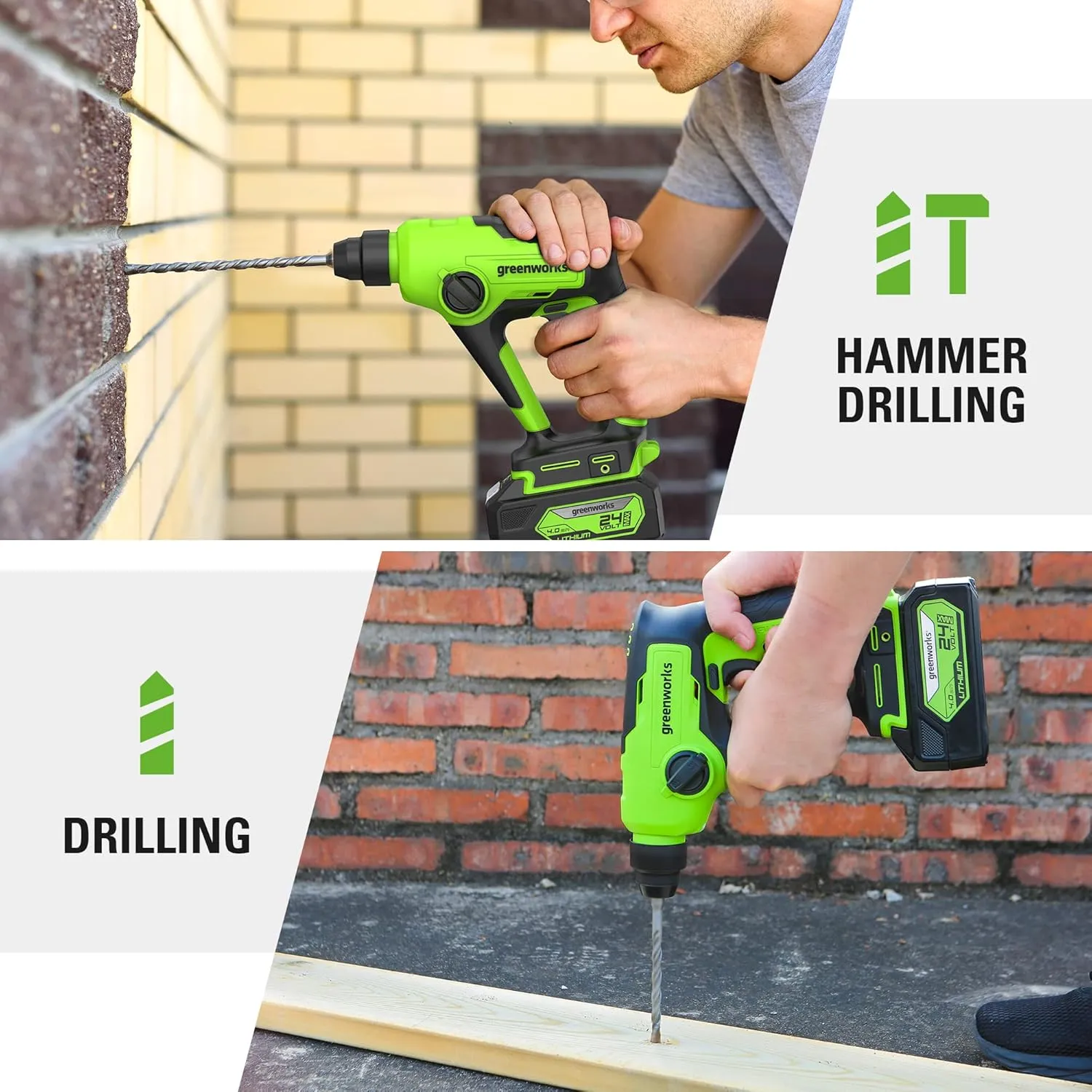 Greenworks 24V Cordless SDS 1.2J Heavy Duty Rotary Hammer Drill, 1-Inch Brushless Hammer Drill for Concrete, 2-Mode And Vairable Speed, 4AH Battery & Charger Included