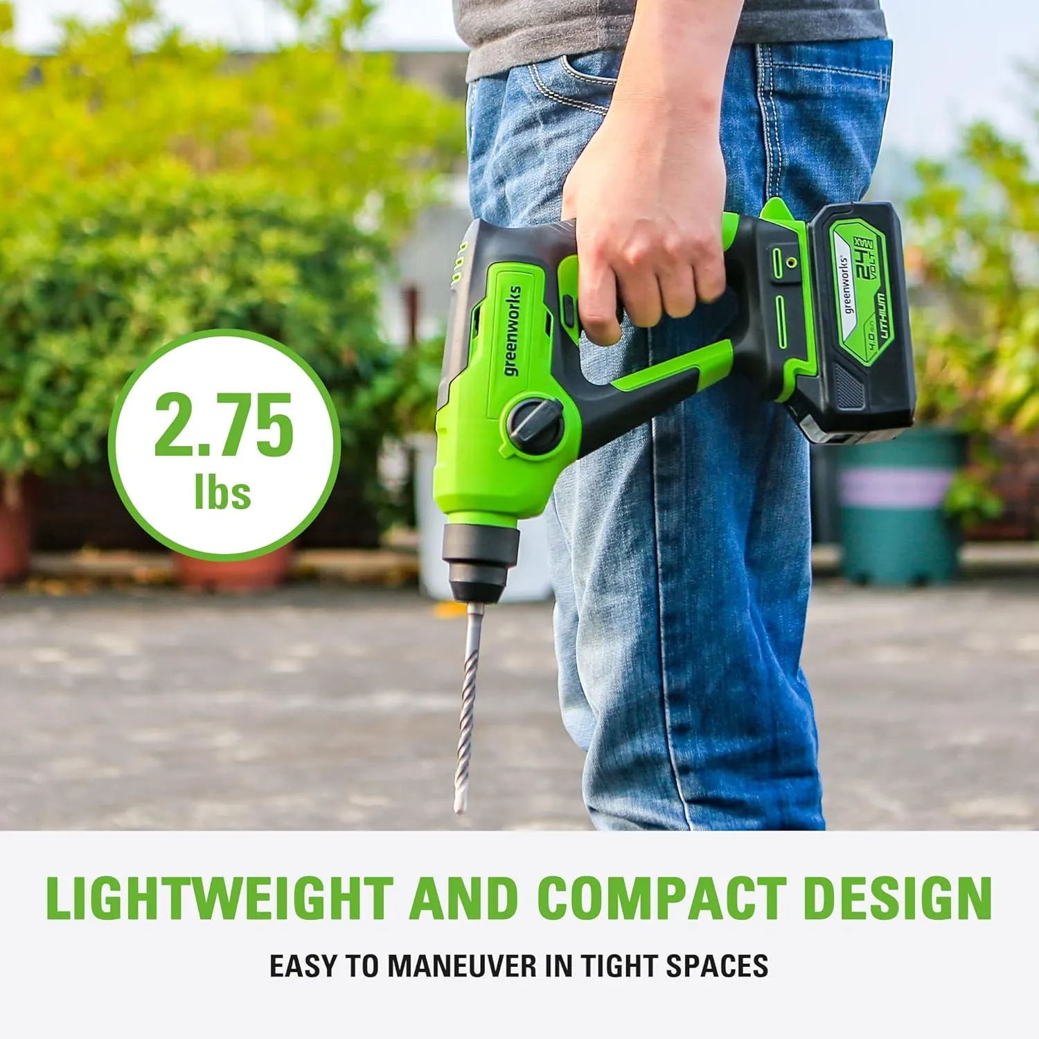 Greenworks 24V Cordless SDS 1.2J Heavy Duty Rotary Hammer Drill, 1-Inch Brushless Hammer Drill for Concrete, 2-Mode And Vairable Speed, 4AH Battery & Charger Included