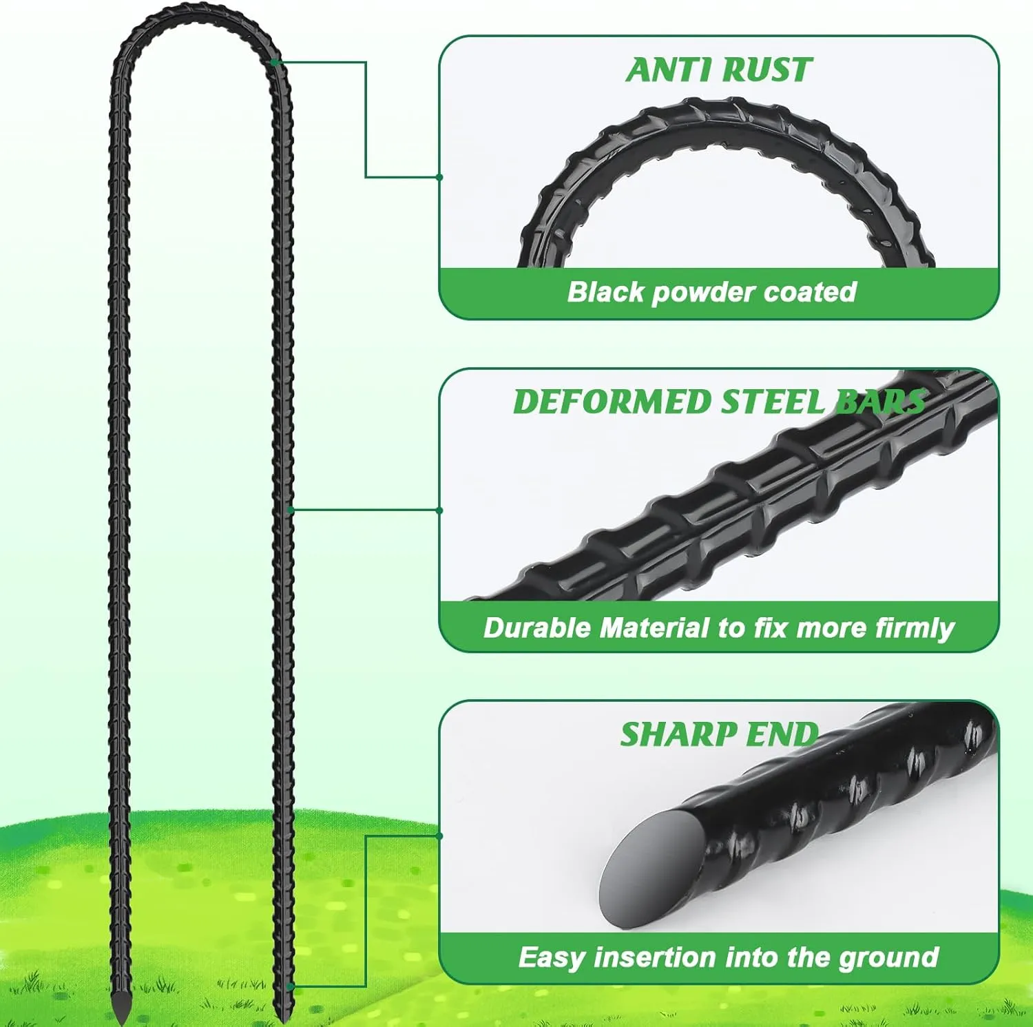 Gtongoko Trampolines Wind Stakes 16 Pack 16 Inch, 0.3 Inch Thick Heavy Duty U Shaped Rebar Tent Stakes Ground Anchors Galvanized Steel Safety Trampoline Anchors for Camping Tents, Soccer Goals
