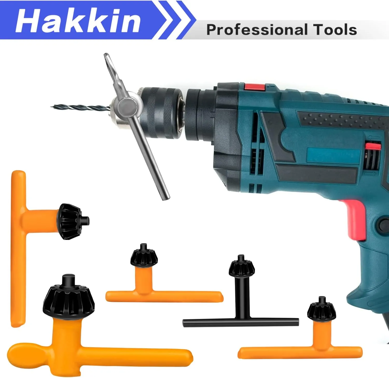 Hakkin 6 Sizes Drill Chuck Key Wrench, 3/4" 5/8" 1/2" 3/8" 1/4" 5/32" Carbon Steel Heavy Duty Thumb Handle Chuck Key, Replacement Drill Chuck Key Wrench, Electric Drill Clamping Tool