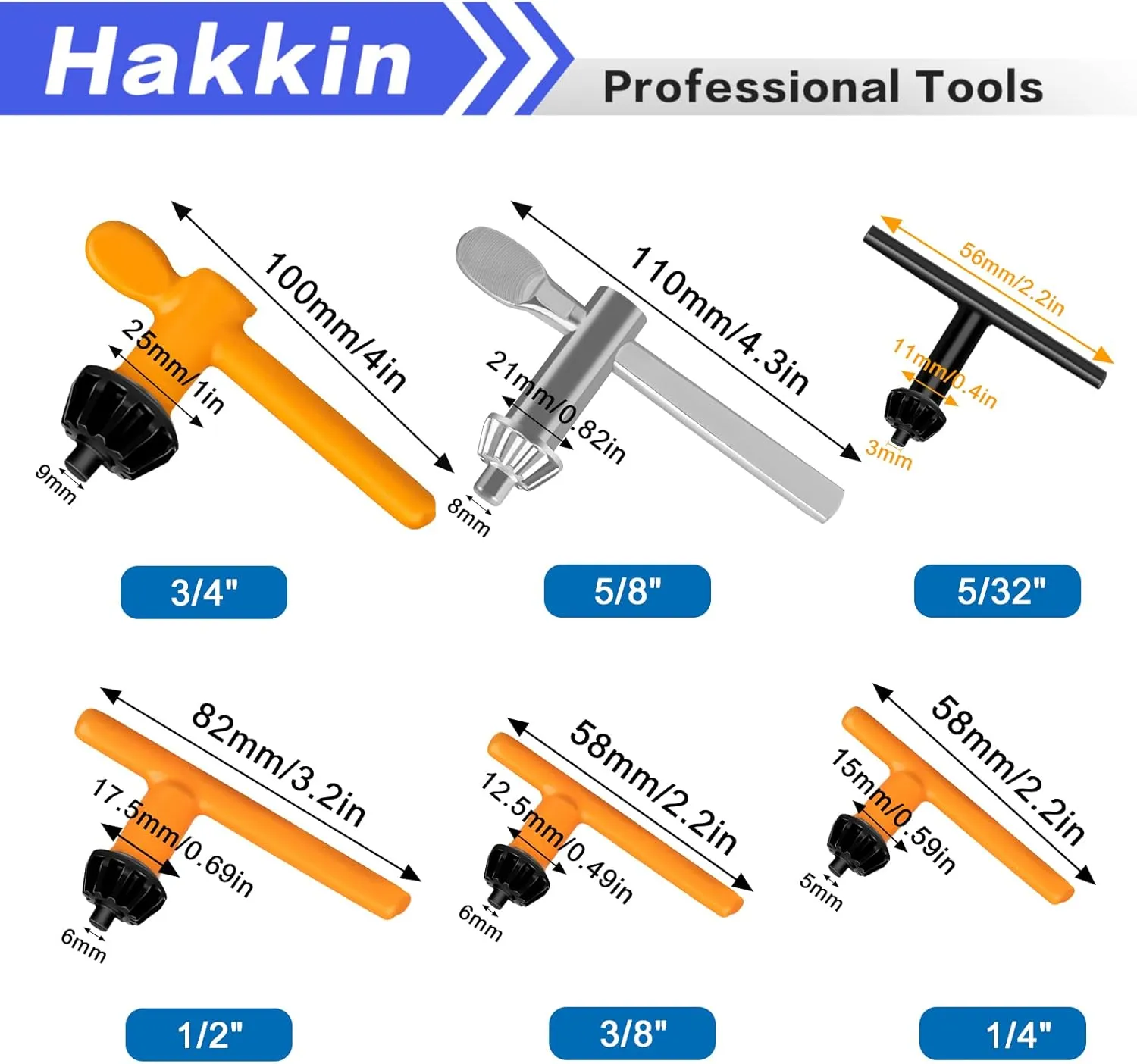 Hakkin 6 Sizes Drill Chuck Key Wrench, 3/4" 5/8" 1/2" 3/8" 1/4" 5/32" Carbon Steel Heavy Duty Thumb Handle Chuck Key, Replacement Drill Chuck Key Wrench, Electric Drill Clamping Tool