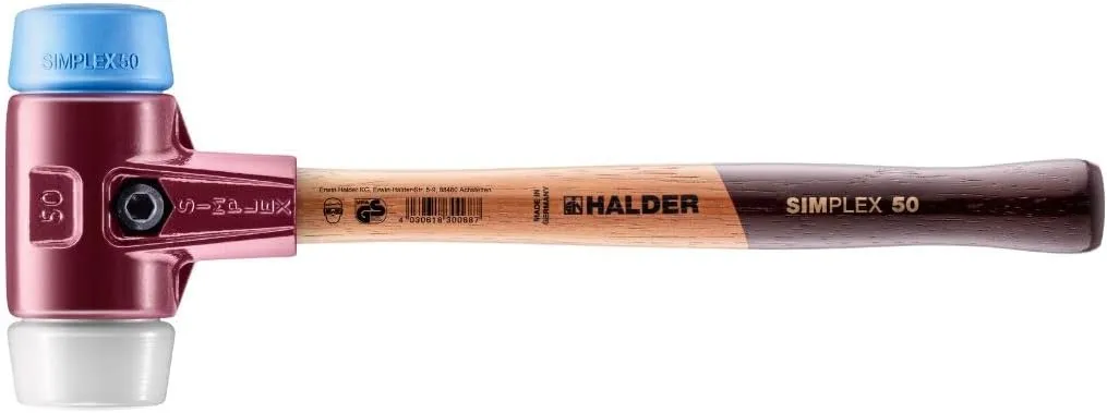 Halder Simplex Soft-Faced Mallet, TPE-Soft Insert, Medium-Hard Superplastic Insert, Cast Iron Housing with Handle Protection Sleeve, Varnished Wooden Handle, 50mm, 2.3 lbs.