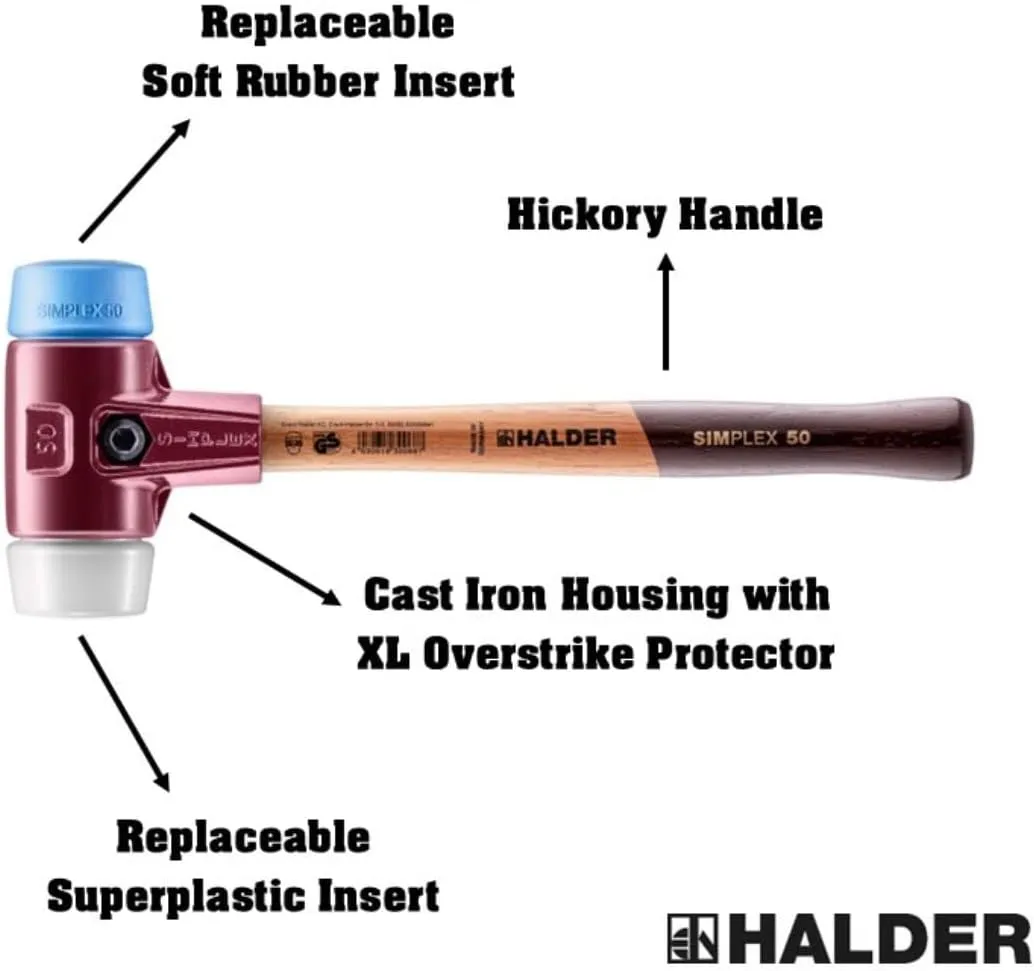 Halder Simplex Soft-Faced Mallet, TPE-Soft Insert, Medium-Hard Superplastic Insert, Cast Iron Housing with Handle Protection Sleeve, Varnished Wooden Handle, 50mm, 2.3 lbs.
