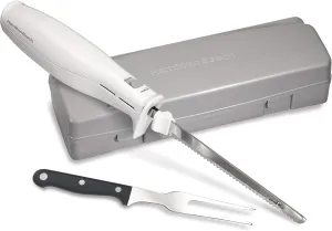 Hamilton Beach Electric Knife Set for Carving Meats, Poultry, Bread, Crafting Foam & More, Reciprocating Serrated Stainless Steel Blades, Ergonomic Design Storage Case   Fork Included, 5Ft Cord, White