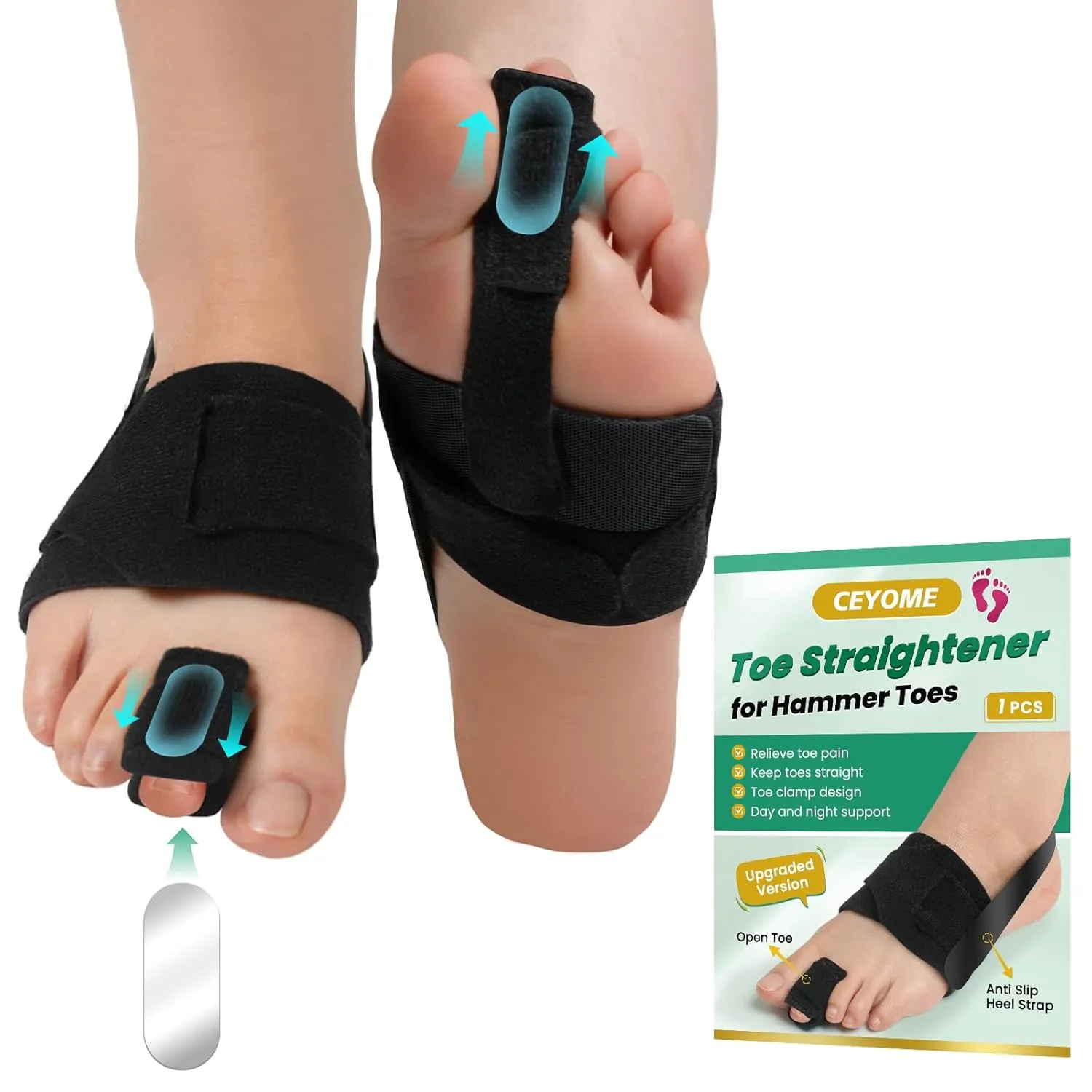 Hammer Toe Corrector for Women & Men - Adjustable Toe Straightener for Curled Toes, Broken Support, Bunion Pain Relief - Includes 1 Compression Wrap, 1 Toe Splint & 1 Heel Strap