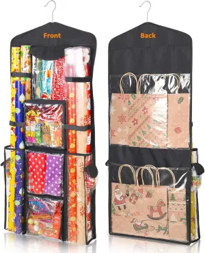 Hanging Gift Wrap Storage Organizer, 40x16 Inch Wrapping Paper Storage Hanging Gift Bag Organizer Station with Multiple Pockets, Black
