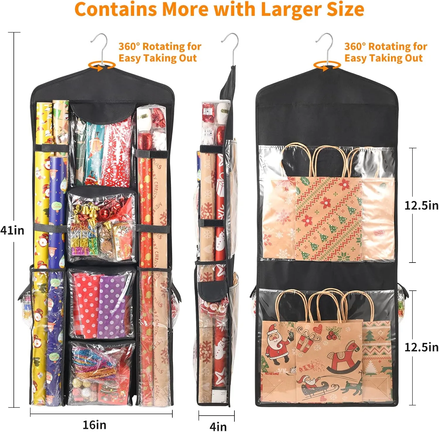 Hanging Gift Wrap Storage Organizer, 40x16 Inch Wrapping Paper Storage Hanging Gift Bag Organizer Station with Multiple Pockets, Black