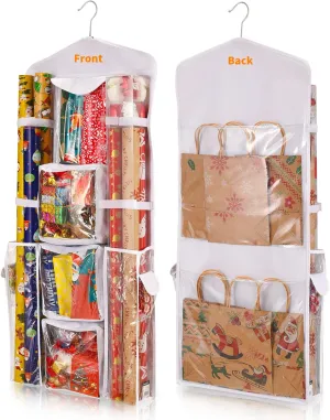 Hanging Gift Wrap Storage Organizer, 40x16 Inch Wrapping Paper Storage Hanging Gift Bag Organizer Station with Multiple Pockets, White