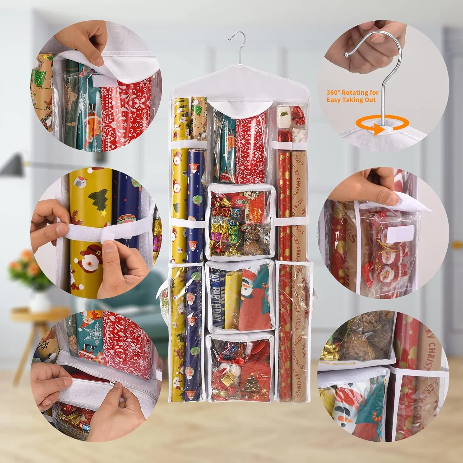Hanging Gift Wrap Storage Organizer, 40x16 Inch Wrapping Paper Storage Hanging Gift Bag Organizer Station with Multiple Pockets, White