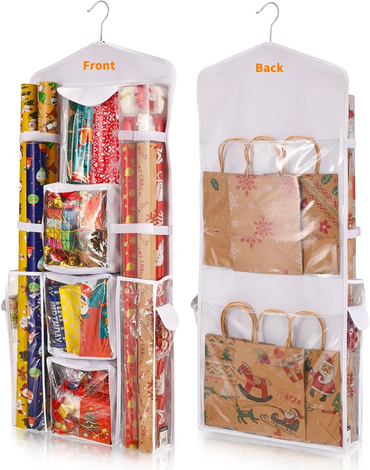 Hanging Gift Wrap Storage Organizer, 40x16 Inch Wrapping Paper Storage Hanging Gift Bag Organizer Station with Multiple Pockets, White