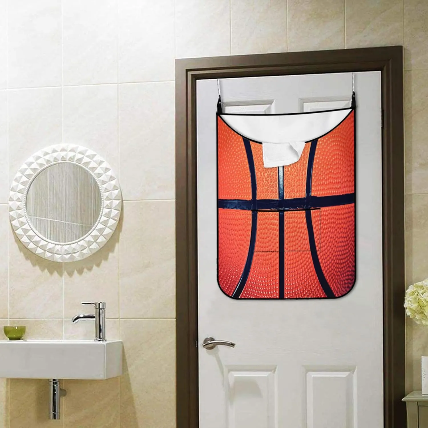 Hanging Laundry Bag Basketball with Over Door Hooks Durable Space Saving Laundry Bag Wide Open Top