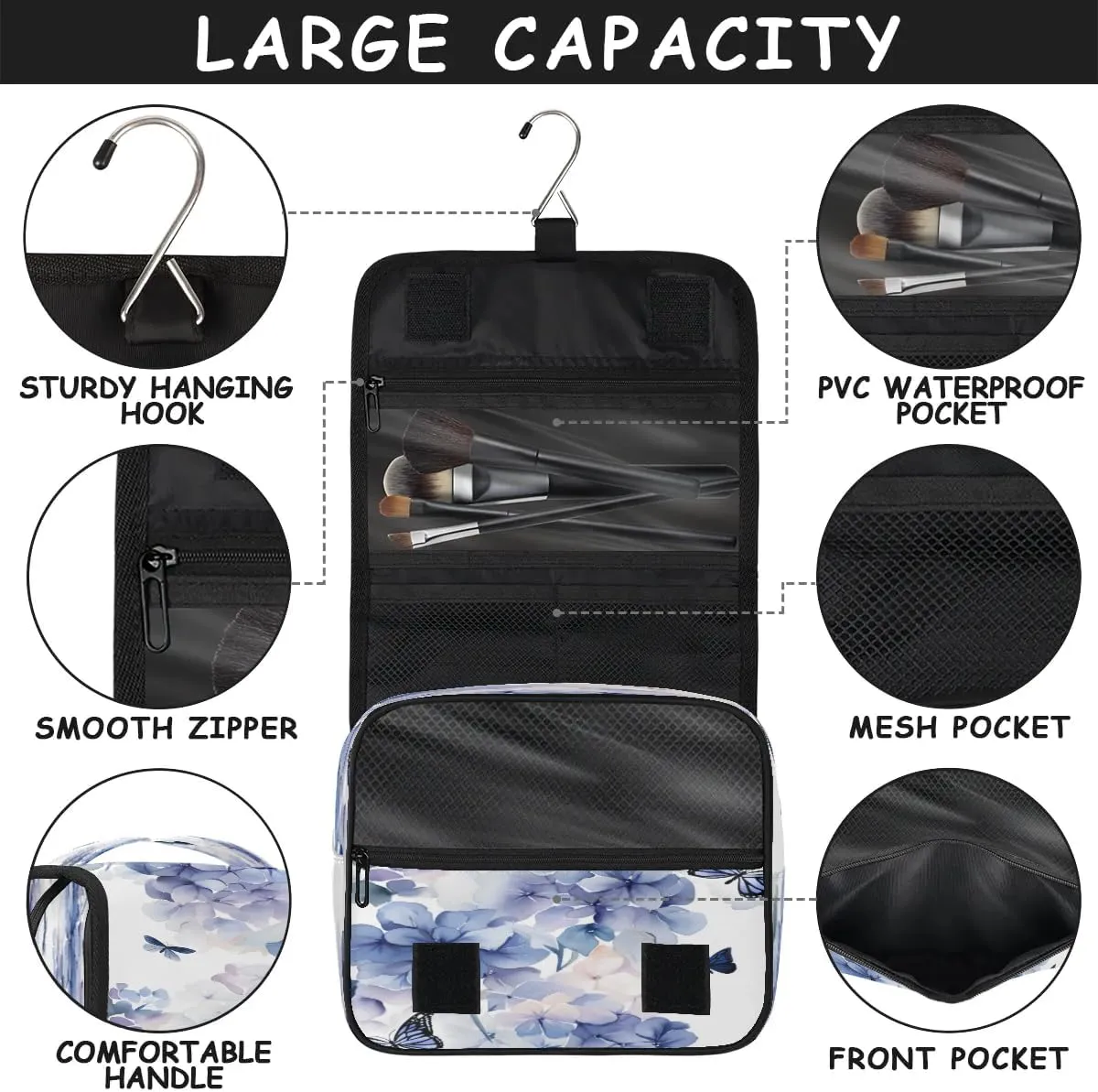 Hanging Travel Toiletry Bag Bloom Hydrangea Flowers Toiletry Bags with Hanging Hook Portable Cosmetic Bag Makeup Organizer for Travel Business Trip