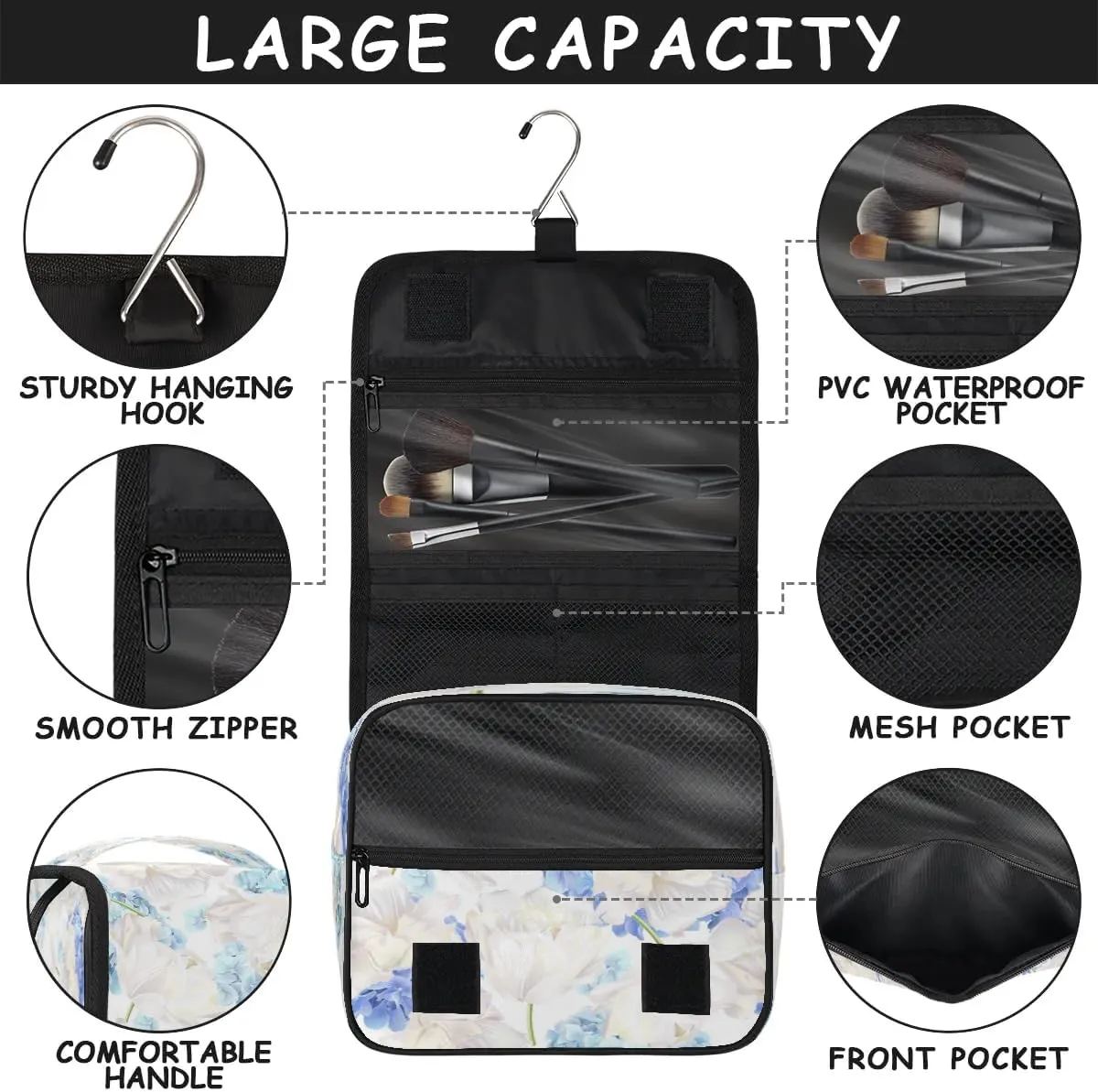 Hanging Travel Toiletry Bag Hydrangea Floral Flowers Toiletry Bags with Hanging Hook Portable Cosmetic Bag Makeup Organizer for Travel Business Trip