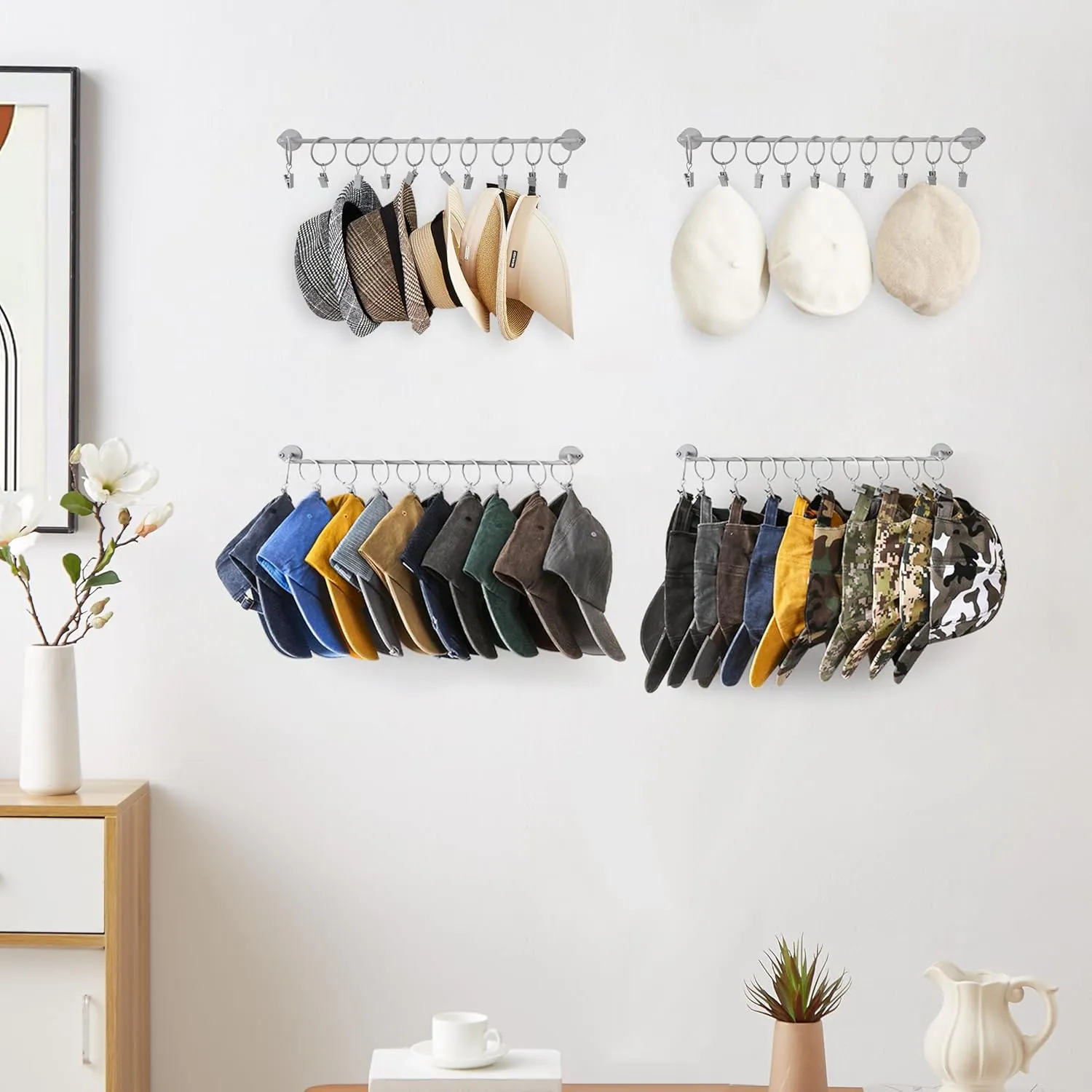 Hat Rack Wall Cap Organizer - Baseball Hat Racks Display Holder with 40 Hooks - Modern Metal Black Hats Storage Wall Mounted Caps Hanger Set of 4 for Closet Door Bedroom Entryway Laundry(Grey)