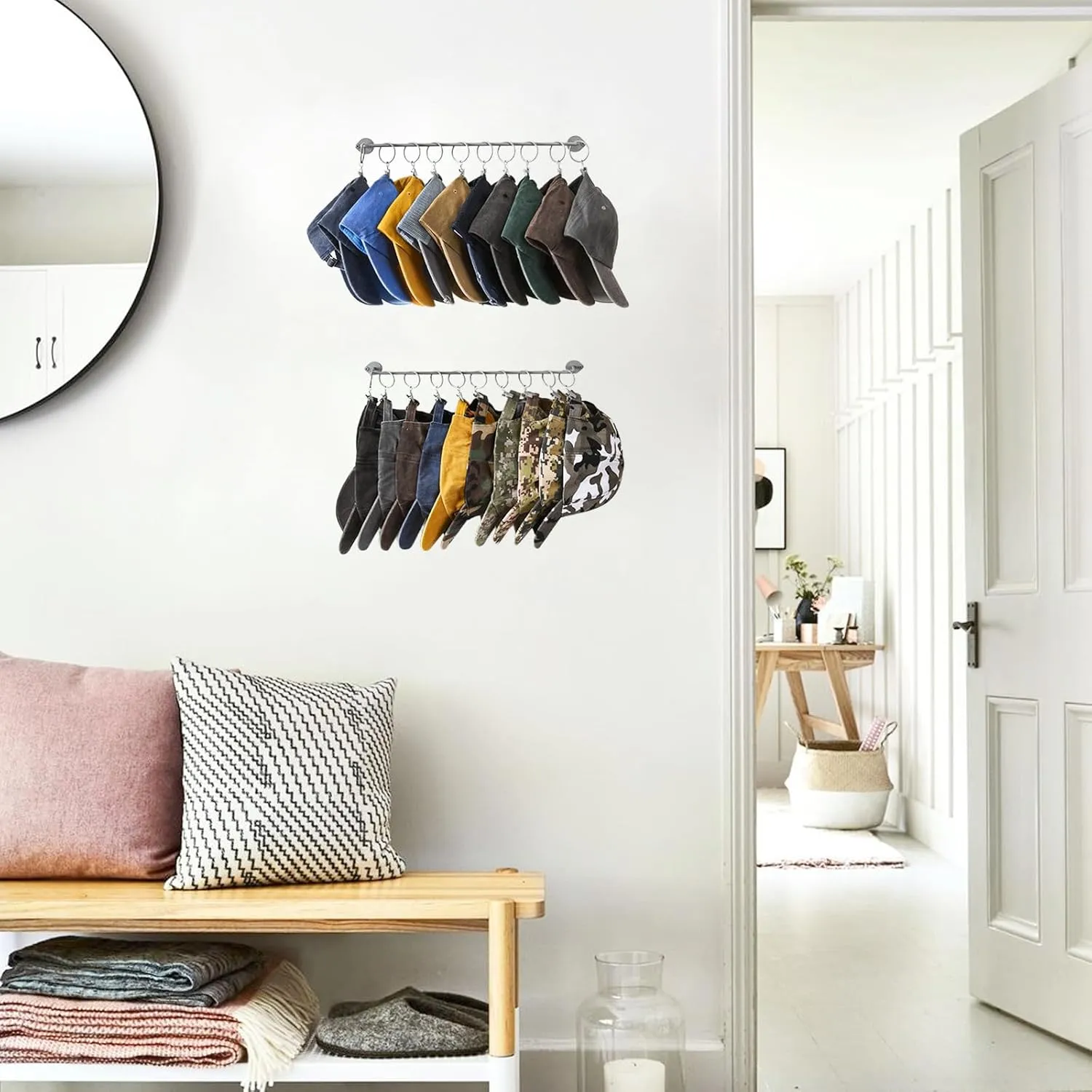 Hat Rack Wall Cap Organizer - Baseball Hat Racks Display Holder with 40 Hooks - Modern Metal Black Hats Storage Wall Mounted Caps Hanger Set of 4 for Closet Door Bedroom Entryway Laundry(Grey)