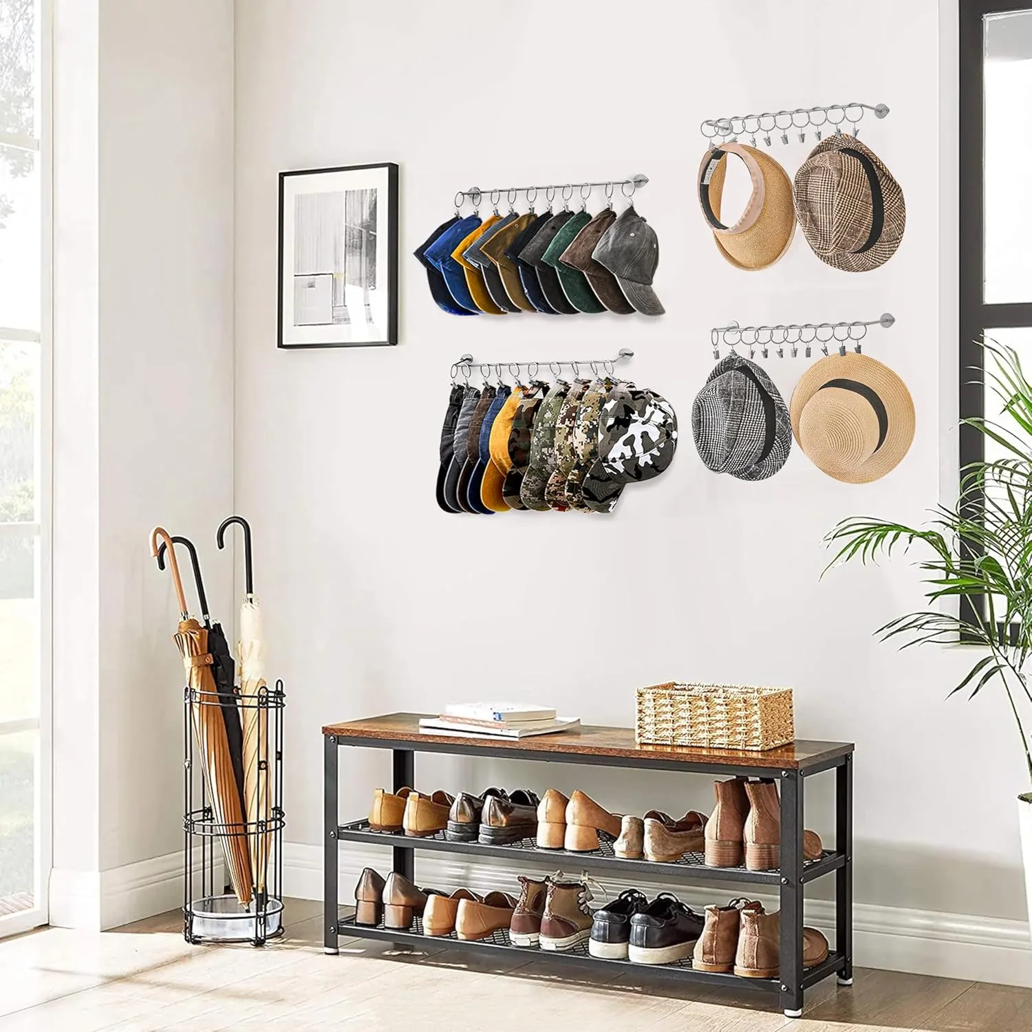 Hat Rack Wall Cap Organizer - Baseball Hat Racks Display Holder with 40 Hooks - Modern Metal Black Hats Storage Wall Mounted Caps Hanger Set of 4 for Closet Door Bedroom Entryway Laundry(Grey)