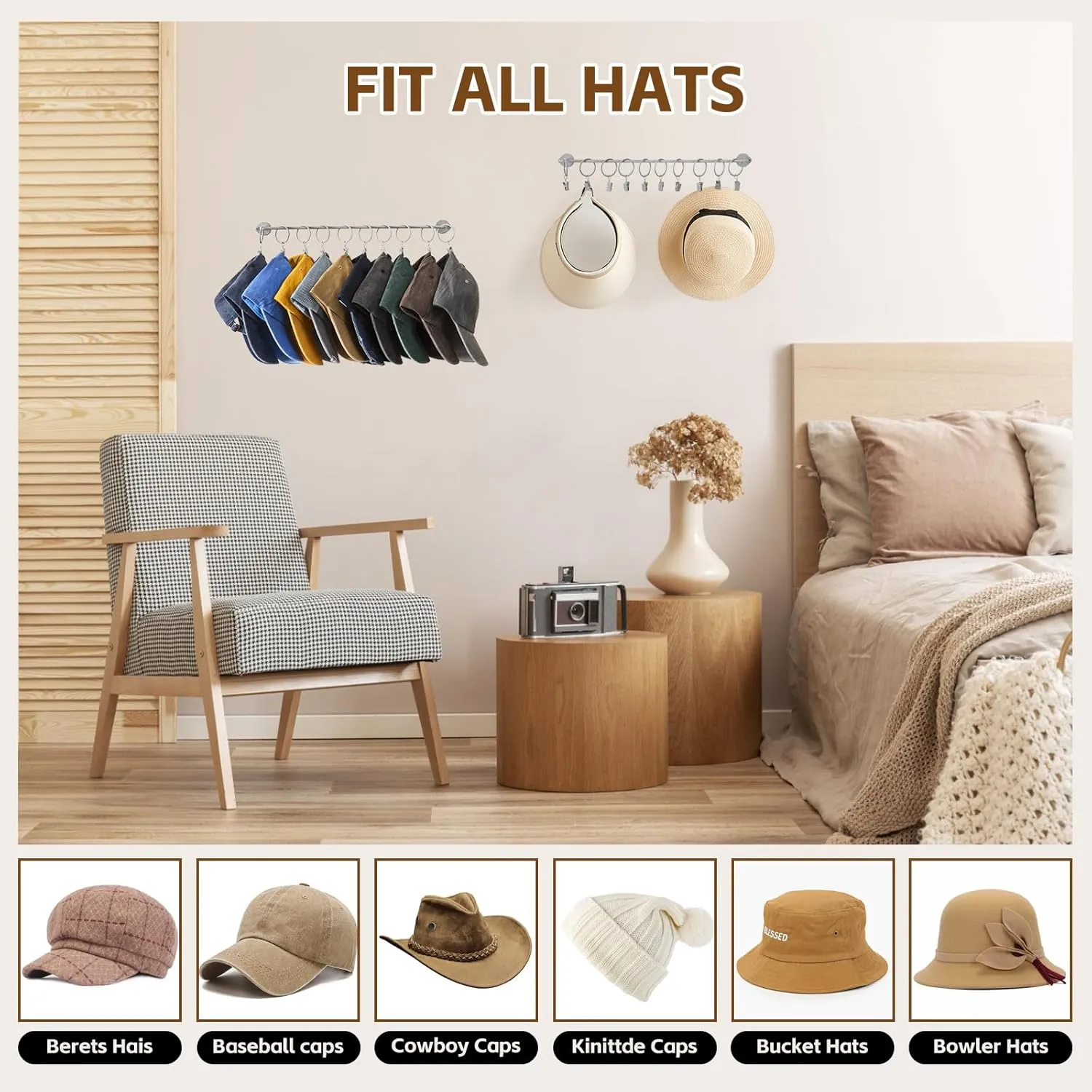 Hat Rack Wall Cap Organizer - Baseball Hat Racks Display Holder with 40 Hooks - Modern Metal Black Hats Storage Wall Mounted Caps Hanger Set of 4 for Closet Door Bedroom Entryway Laundry(Grey)
