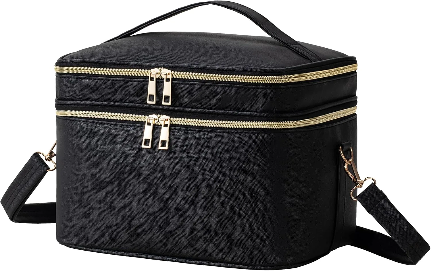 HBlife Extra Large Double Layer Travel Makeup Bag Portable Leather Cosmetic Bag Make Up Bag Makeup Case Organizer Toiletry Bag for Women Girls with Handle, Removable Divider and Shoulder Strap (Black)