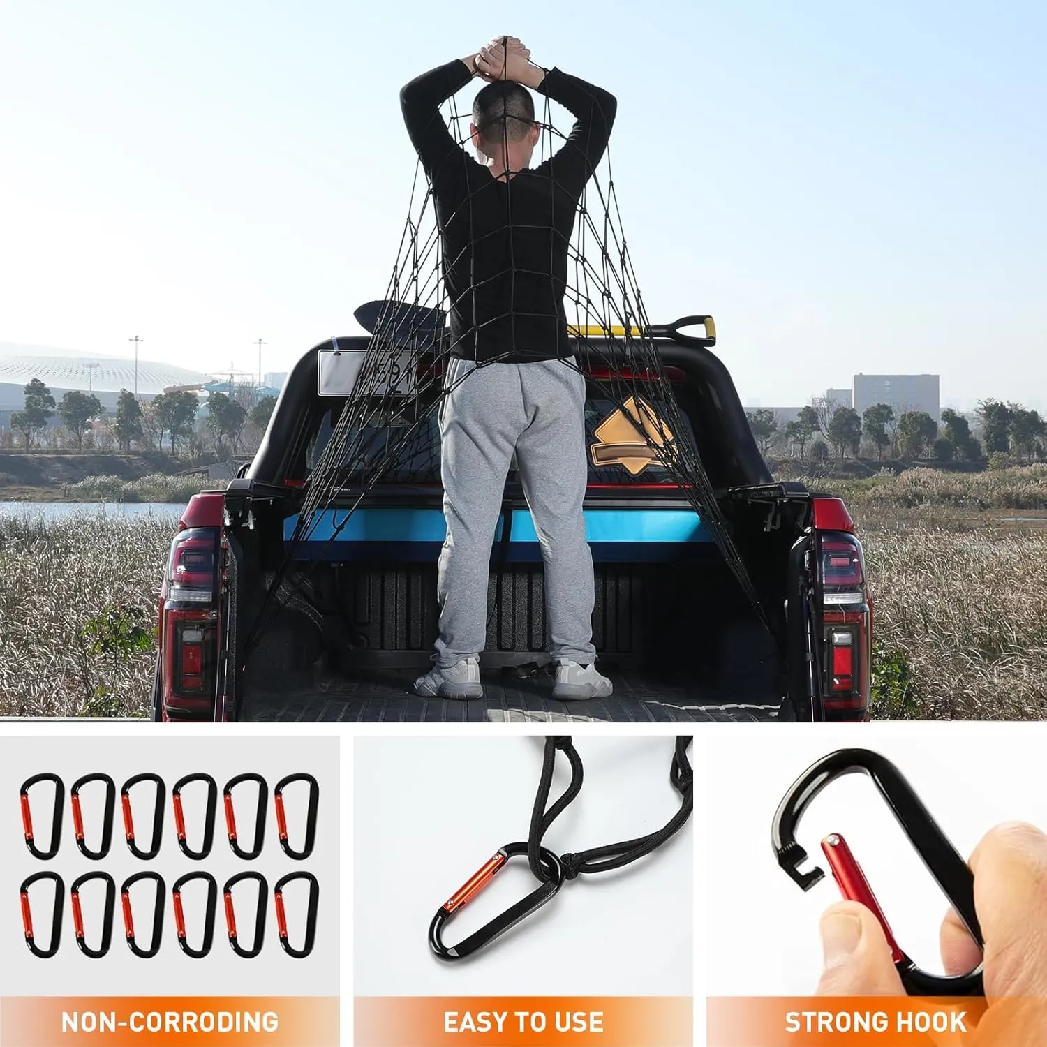 Heavy Duty Cargo Net for Pickup Truck Bed - 5' x 7' Stretches to 15' x 21' - Sturdy Latex Bungee Net Mesh - with 12 Metal Carabiners - Truck Bed Accessories for Dodge RAM, Ford, Chevy, Toyota