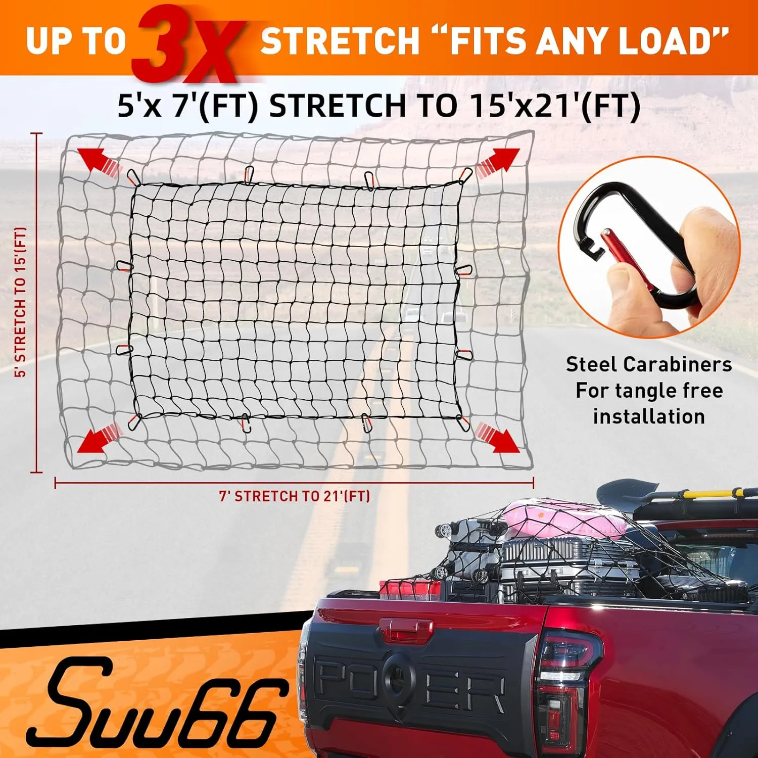 Heavy Duty Cargo Net for Pickup Truck Bed - 5' x 7' Stretches to 15' x 21' - Sturdy Latex Bungee Net Mesh - with 12 Metal Carabiners - Truck Bed Accessories for Dodge RAM, Ford, Chevy, Toyota