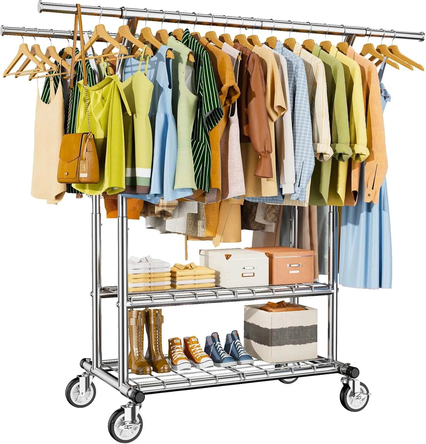 Heavy Duty Clothes Rack, Rolling Clothing Rack With Shelves Load 620 LBS, Double Rod Clothing Racks for Hanging Clothes , Portable& Adjustable Rack with Wheels Garment Rack (Large, Light Silver)