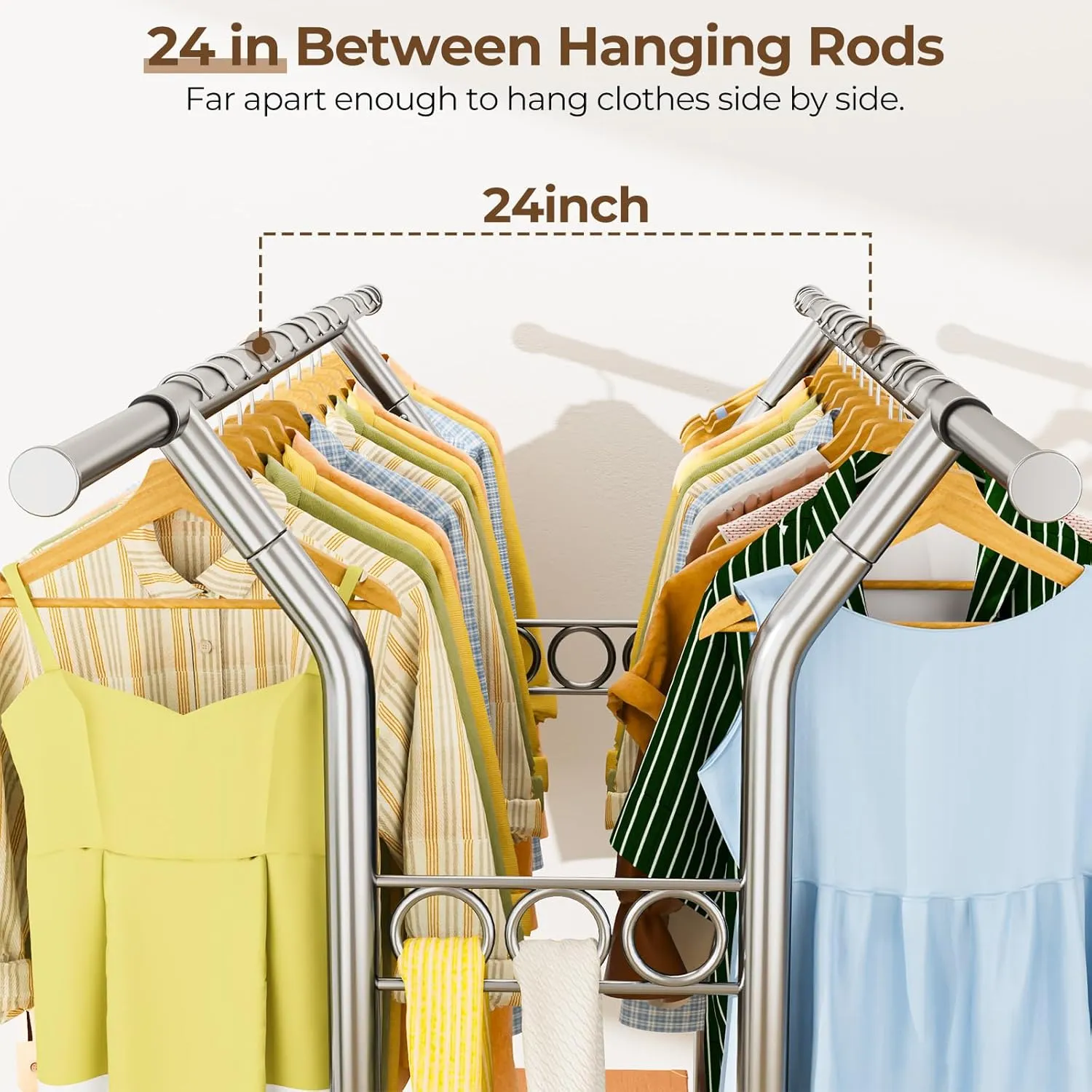 Heavy Duty Clothes Rack, Rolling Clothing Rack With Shelves Load 620 LBS, Double Rod Clothing Racks for Hanging Clothes , Portable& Adjustable Rack with Wheels Garment Rack (Large, Light Silver)