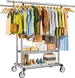 Heavy Duty Clothes Rack, Rolling Clothing Rack With Shelves Load 620 LBS, Double Rod Clothing Racks for Hanging Clothes , Portable& Adjustable Rack with Wheels Garment Rack (Large, Light Silver)
