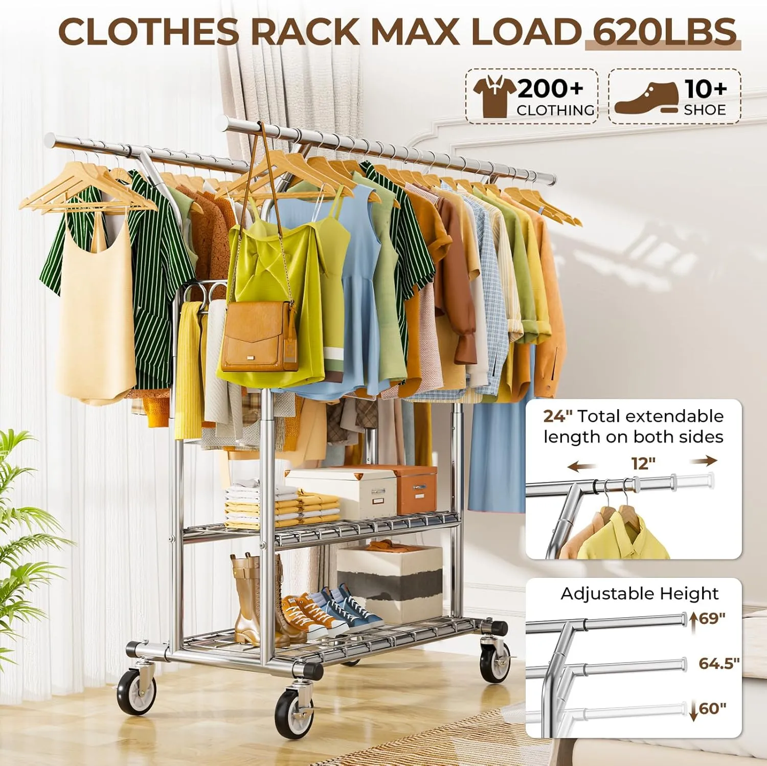 Heavy Duty Clothes Rack, Rolling Clothing Rack With Shelves Load 620 LBS, Double Rod Clothing Racks for Hanging Clothes , Portable& Adjustable Rack with Wheels Garment Rack (Large, Light Silver)