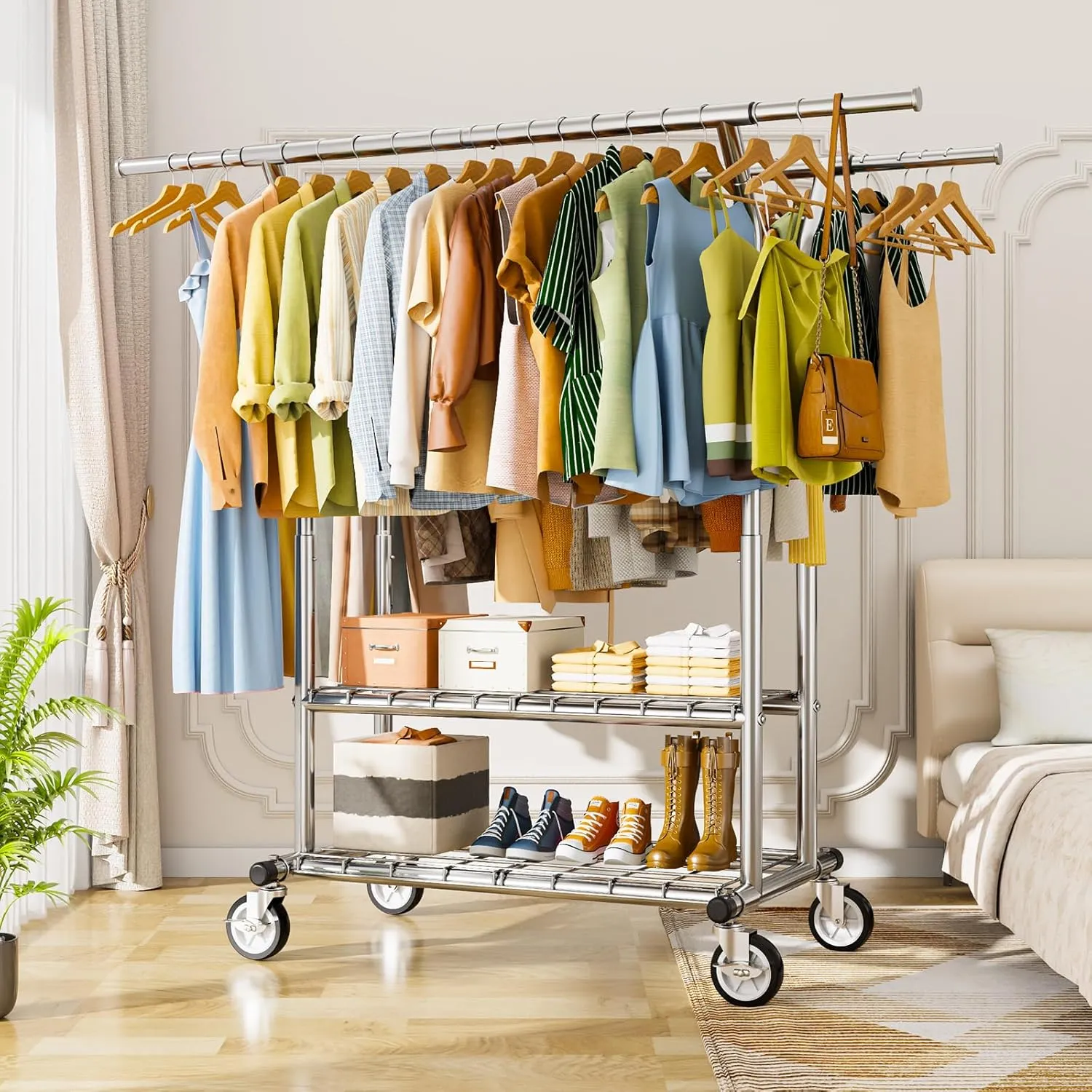 Heavy Duty Clothes Rack, Rolling Clothing Rack With Shelves Load 620 LBS, Double Rod Clothing Racks for Hanging Clothes , Portable& Adjustable Rack with Wheels Garment Rack (Large, Light Silver)