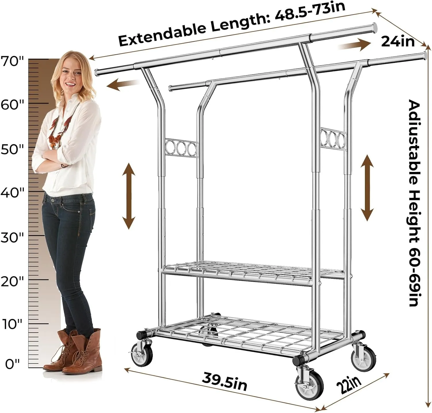 Heavy Duty Clothes Rack, Rolling Clothing Rack With Shelves Load 620 LBS, Double Rod Clothing Racks for Hanging Clothes , Portable& Adjustable Rack with Wheels Garment Rack (Large, Light Silver)