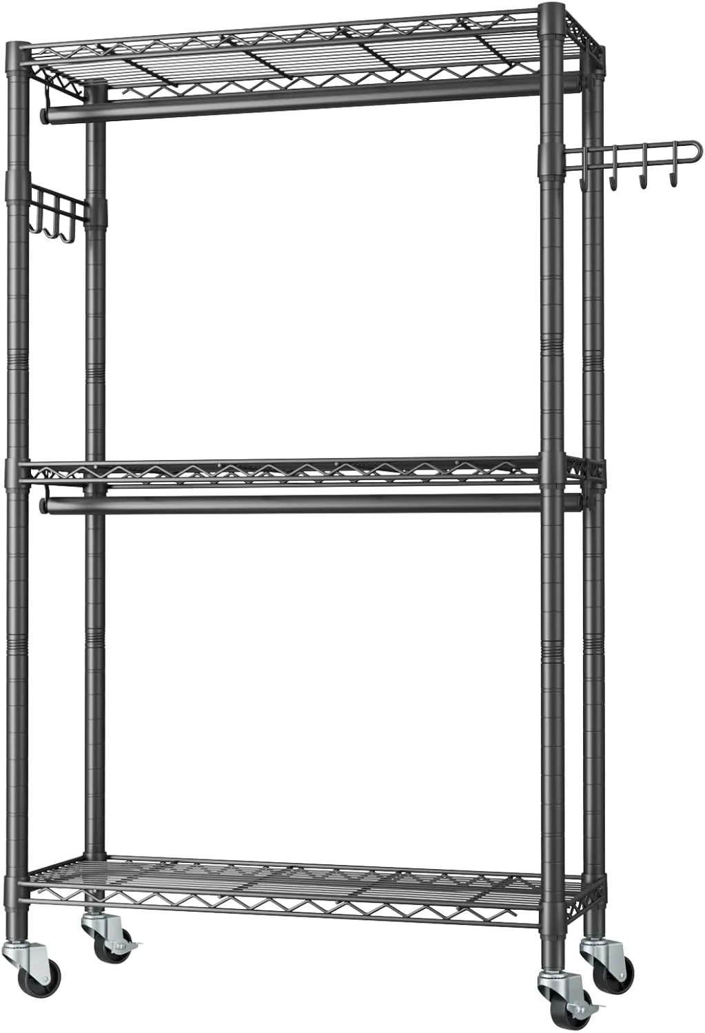 Heavy Duty Clothes Rack Rolling Garment Rack,3 Tier Adjustable Wire Shelving Clothing Racks for Hanging Clothes with Double Rods&Side Hooks,Freestanding Wardrobe Storage Rack Metal Portable Closet