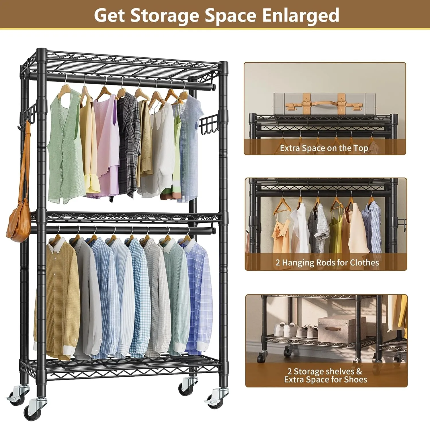 Heavy Duty Clothes Rack Rolling Garment Rack,3 Tier Adjustable Wire Shelving Clothing Racks for Hanging Clothes with Double Rods&Side Hooks,Freestanding Wardrobe Storage Rack Metal Portable Closet