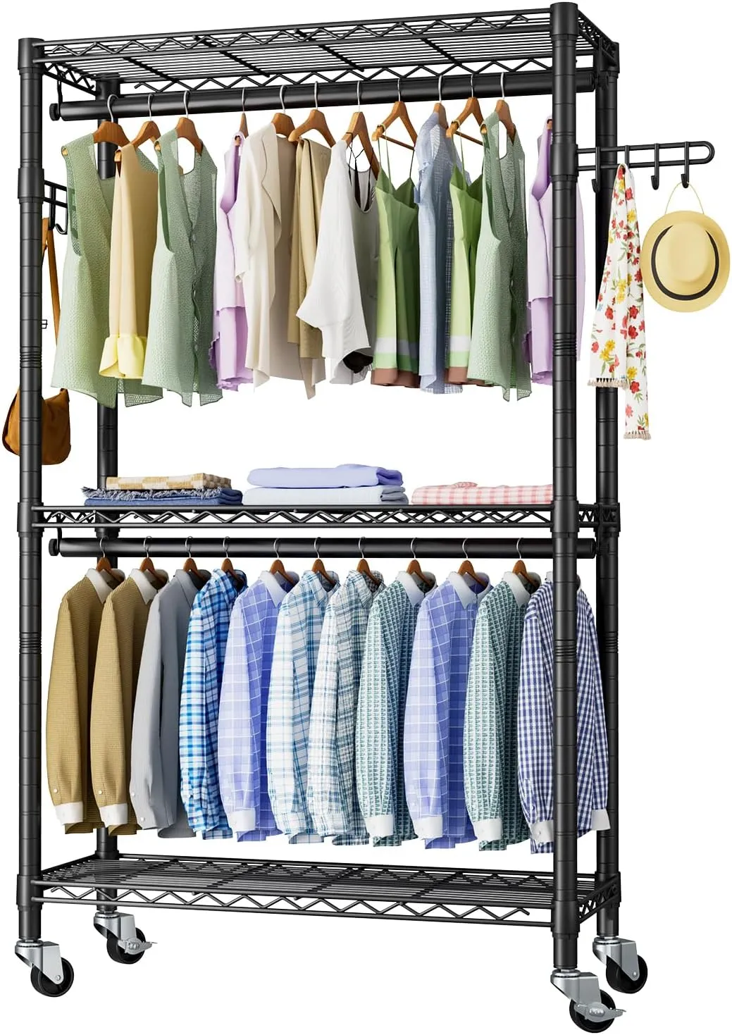Heavy Duty Clothes Rack Rolling Garment Rack,3 Tier Adjustable Wire Shelving Clothing Racks for Hanging Clothes with Double Rods&Side Hooks,Freestanding Wardrobe Storage Rack Metal Portable Closet