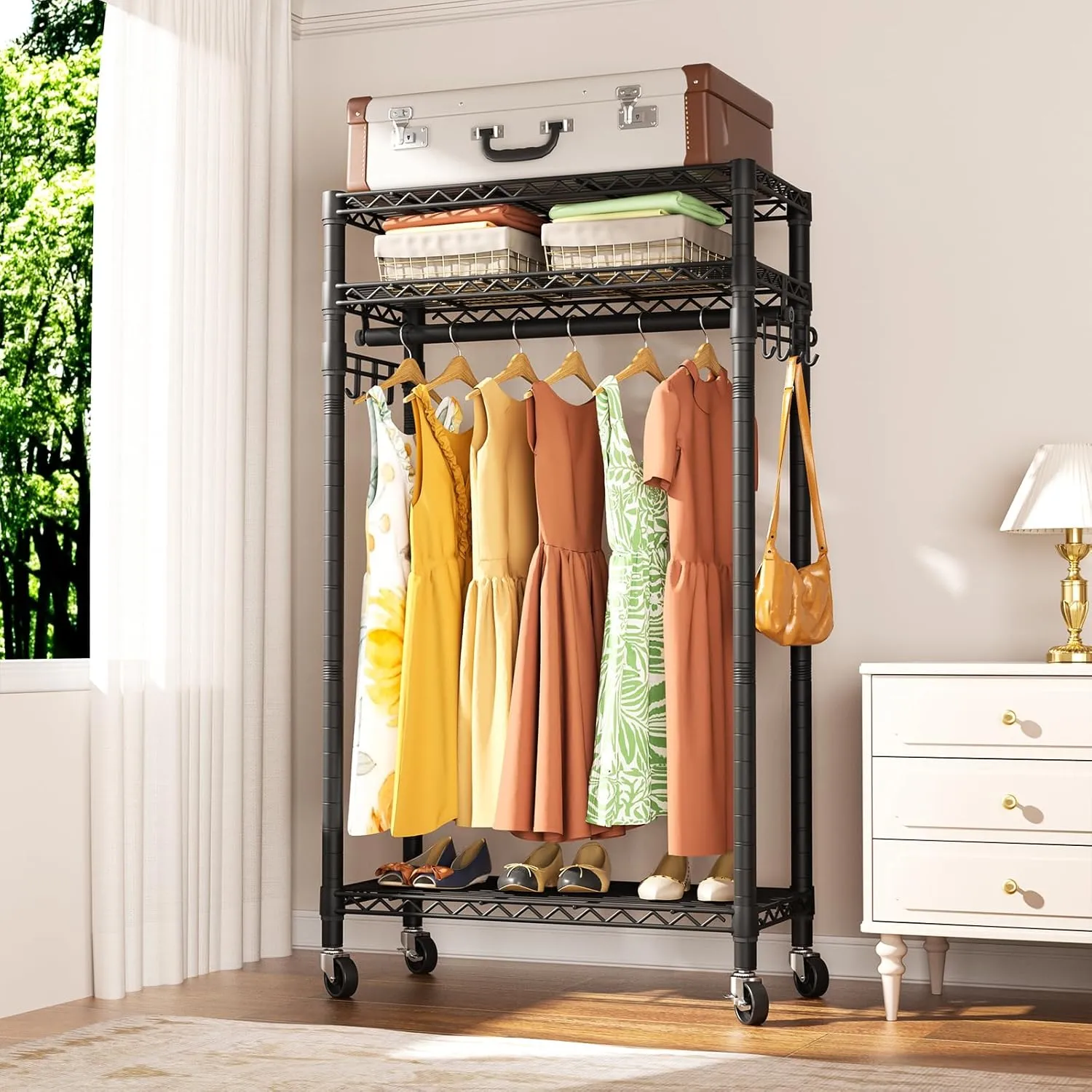 Heavy Duty Clothes Rack Rolling Garment Rack,3 Tier Adjustable Wire Shelving Clothing Racks for Hanging Clothes with Hanger Rod&Side Hooks,Freestanding Wardrobe Storage Rack Metal Portable Closet