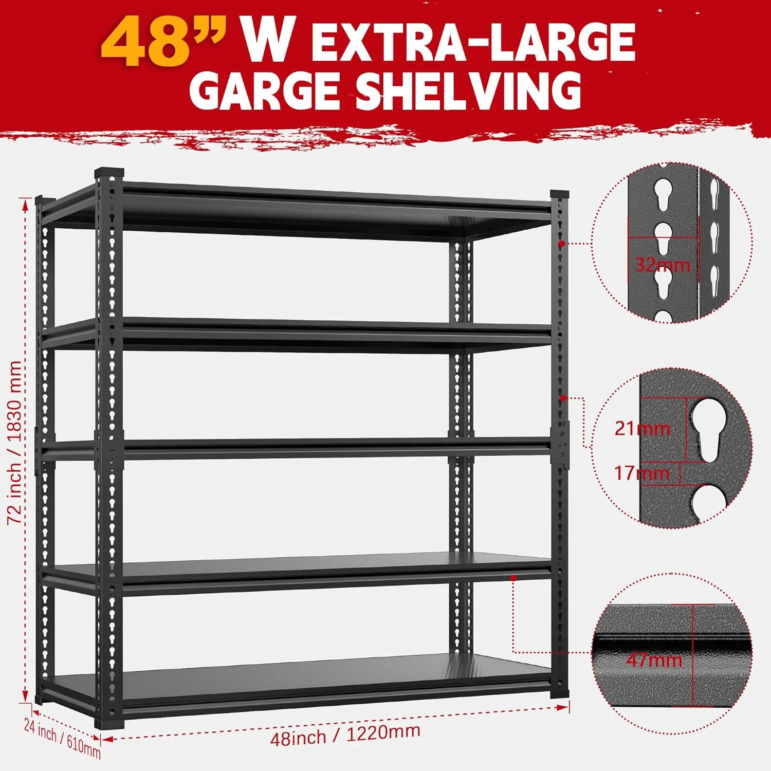 Heavy Duty Garage Shelving 3000lbs Capacity - 72"x48"x24" Industrial Aluminum Shelves, Boltless Assembly, Adjustable Storage Rack for Warehouse/Garage/Basement