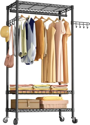 Heavy Duty Rolling Clothes Rack,3 Tier Adjustable Wire Shelving Garment Rack for Hanging Clothes with 1 Hanger Rod&2 Side Hooks,Freestanding Closet Metal Clothing Storage Rack