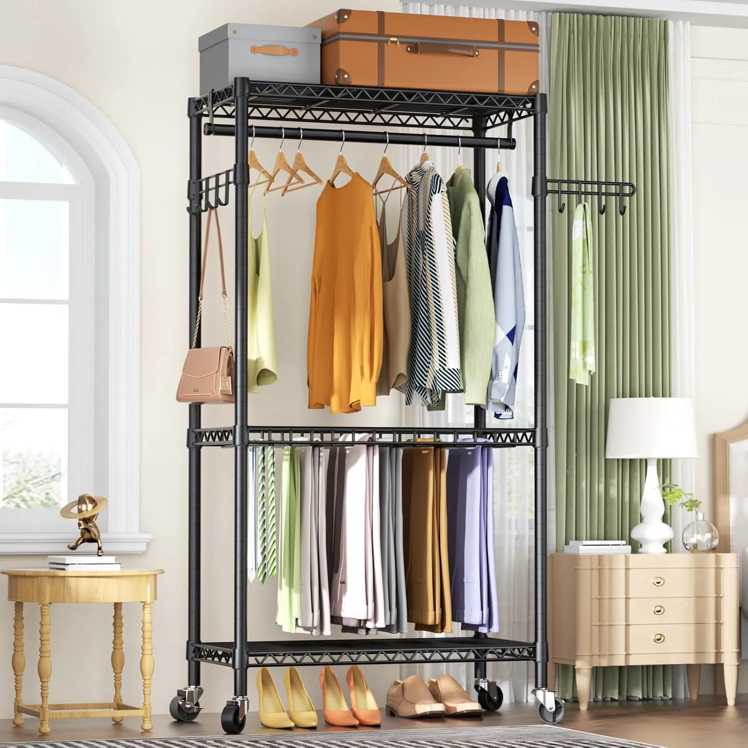 Heavy Duty Rolling Clothes Rack,3 Tier Adjustable Wire Shelving Garment Rack for Hanging Clothes with 1 Hanger Rod&2 Side Hooks,Freestanding Closet Metal Clothing Storage Rack