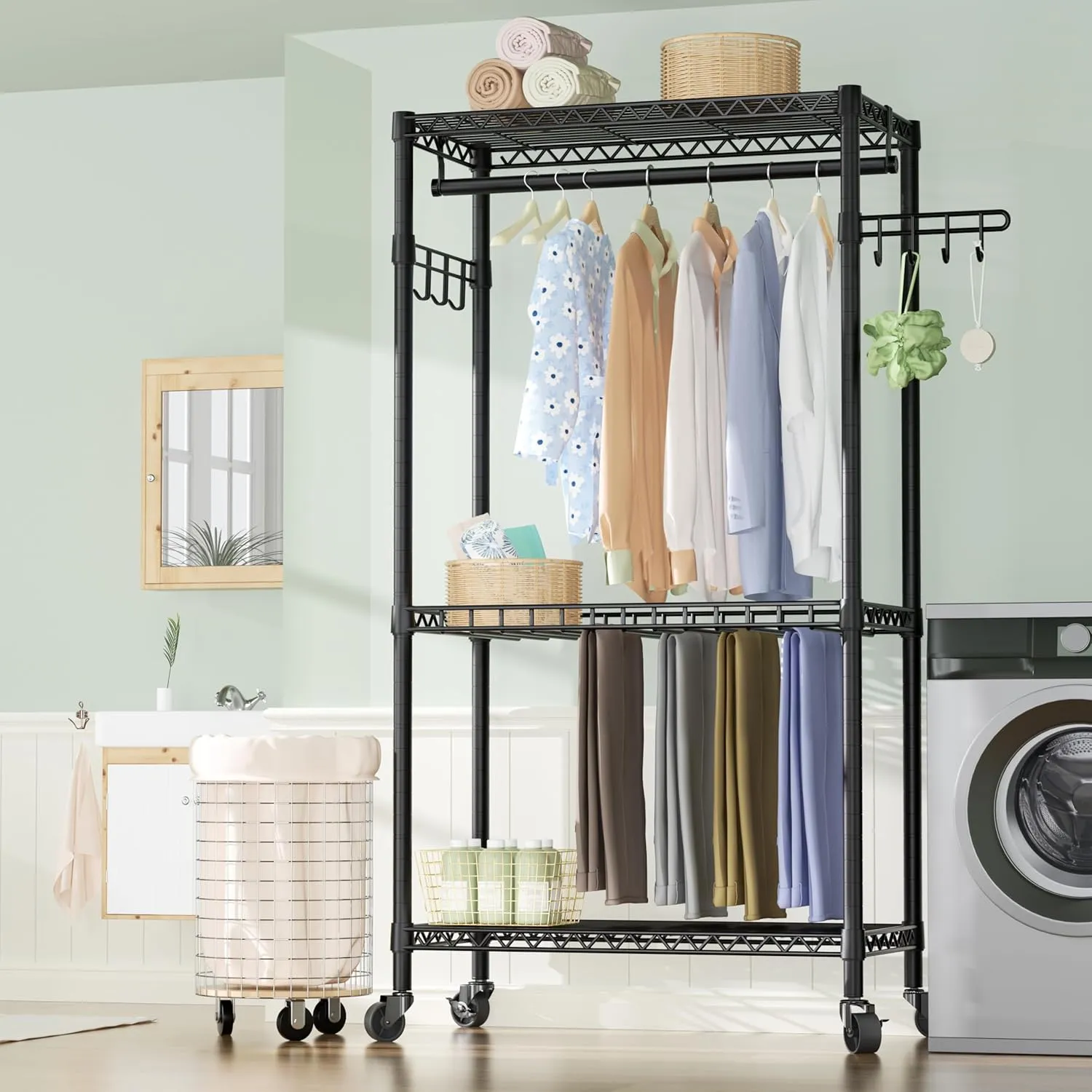 Heavy Duty Rolling Clothes Rack,3 Tier Adjustable Wire Shelving Garment Rack for Hanging Clothes with 1 Hanger Rod&2 Side Hooks,Freestanding Closet Metal Clothing Storage Rack
