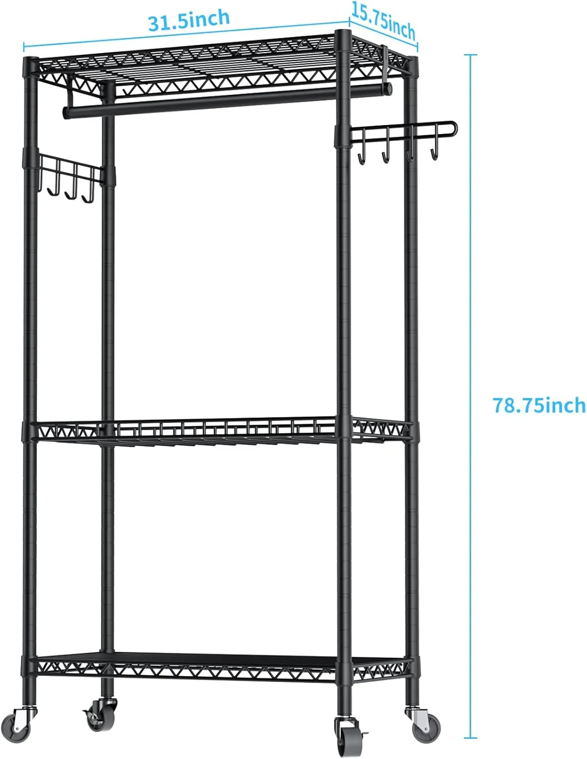 Heavy Duty Rolling Clothes Rack,3 Tier Adjustable Wire Shelving Garment Rack for Hanging Clothes with 1 Hanger Rod&2 Side Hooks,Freestanding Closet Metal Clothing Storage Rack