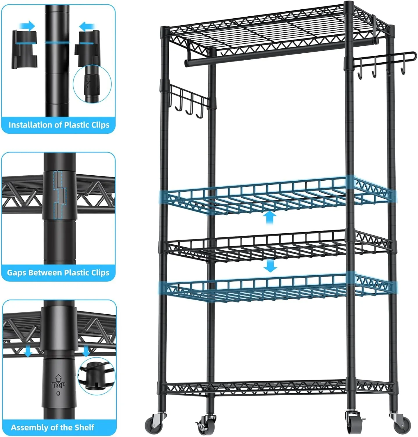 Heavy Duty Rolling Clothes Rack,3 Tier Adjustable Wire Shelving Garment Rack for Hanging Clothes with 1 Hanger Rod&2 Side Hooks,Freestanding Closet Metal Clothing Storage Rack
