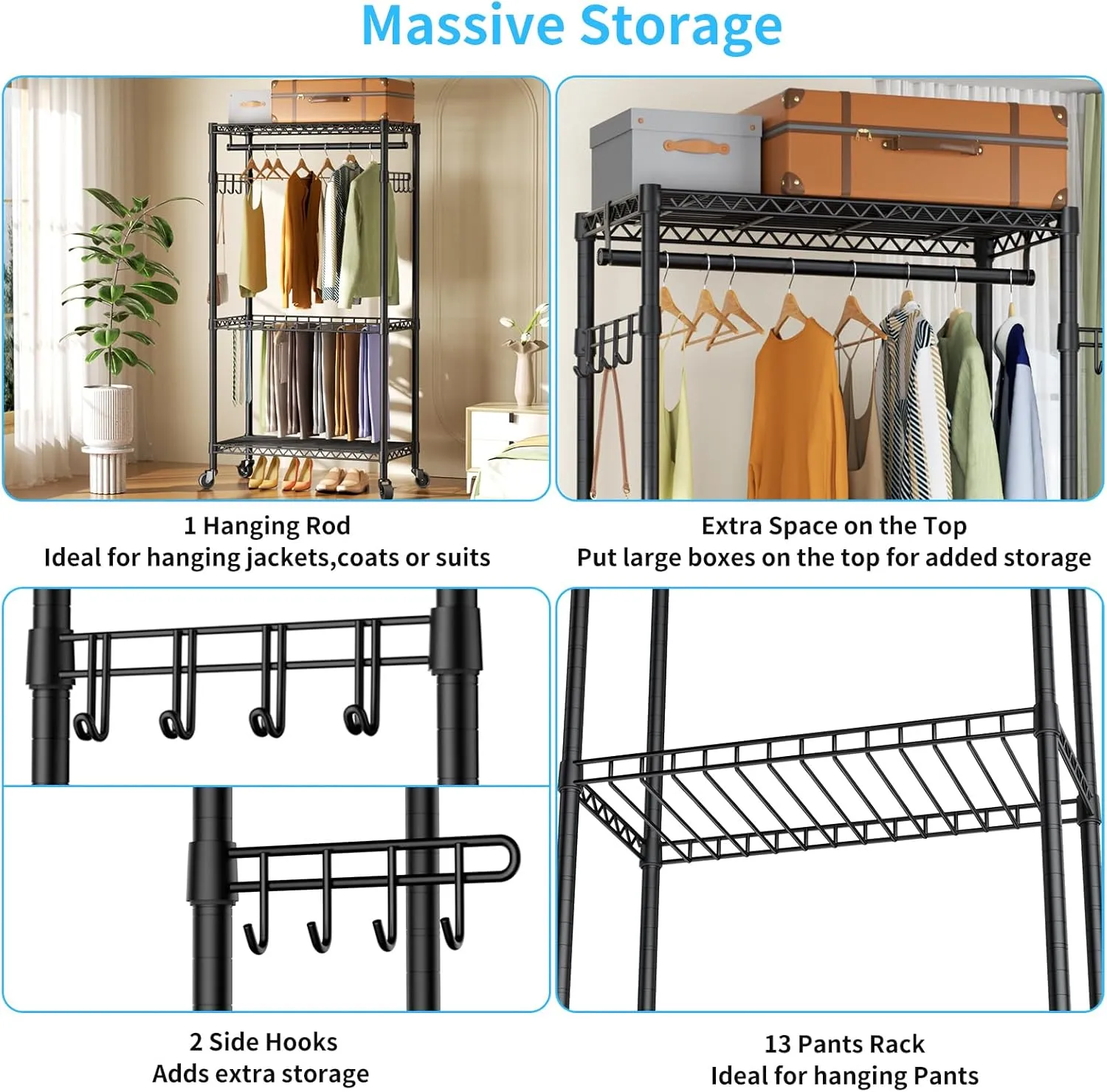 Heavy Duty Rolling Clothes Rack,3 Tier Adjustable Wire Shelving Garment Rack for Hanging Clothes with 1 Hanger Rod&2 Side Hooks,Freestanding Closet Metal Clothing Storage Rack