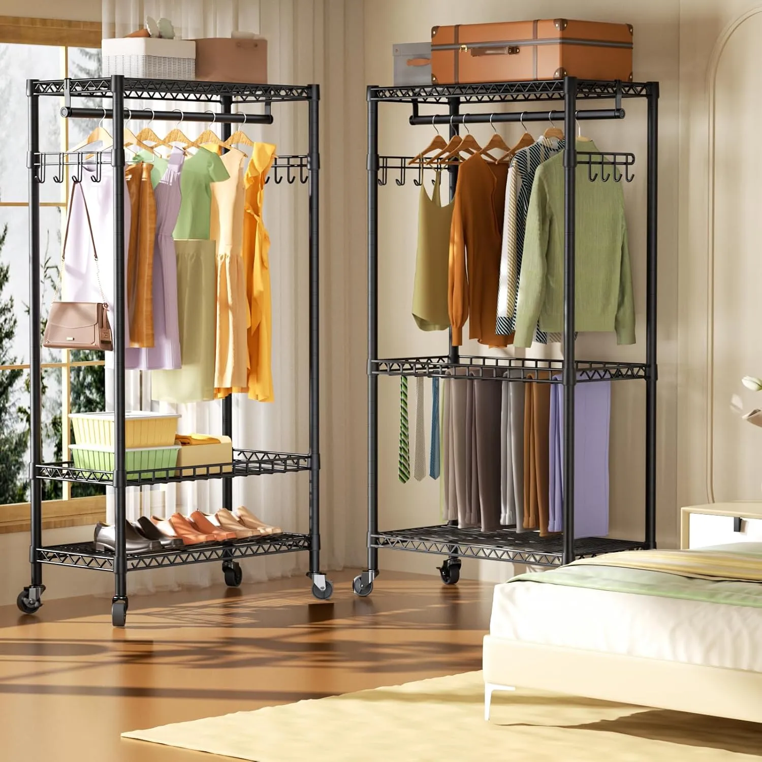 Heavy Duty Rolling Clothes Rack,3 Tier Adjustable Wire Shelving Garment Rack for Hanging Clothes with 1 Hanger Rod&2 Side Hooks,Freestanding Closet Metal Clothing Storage Rack