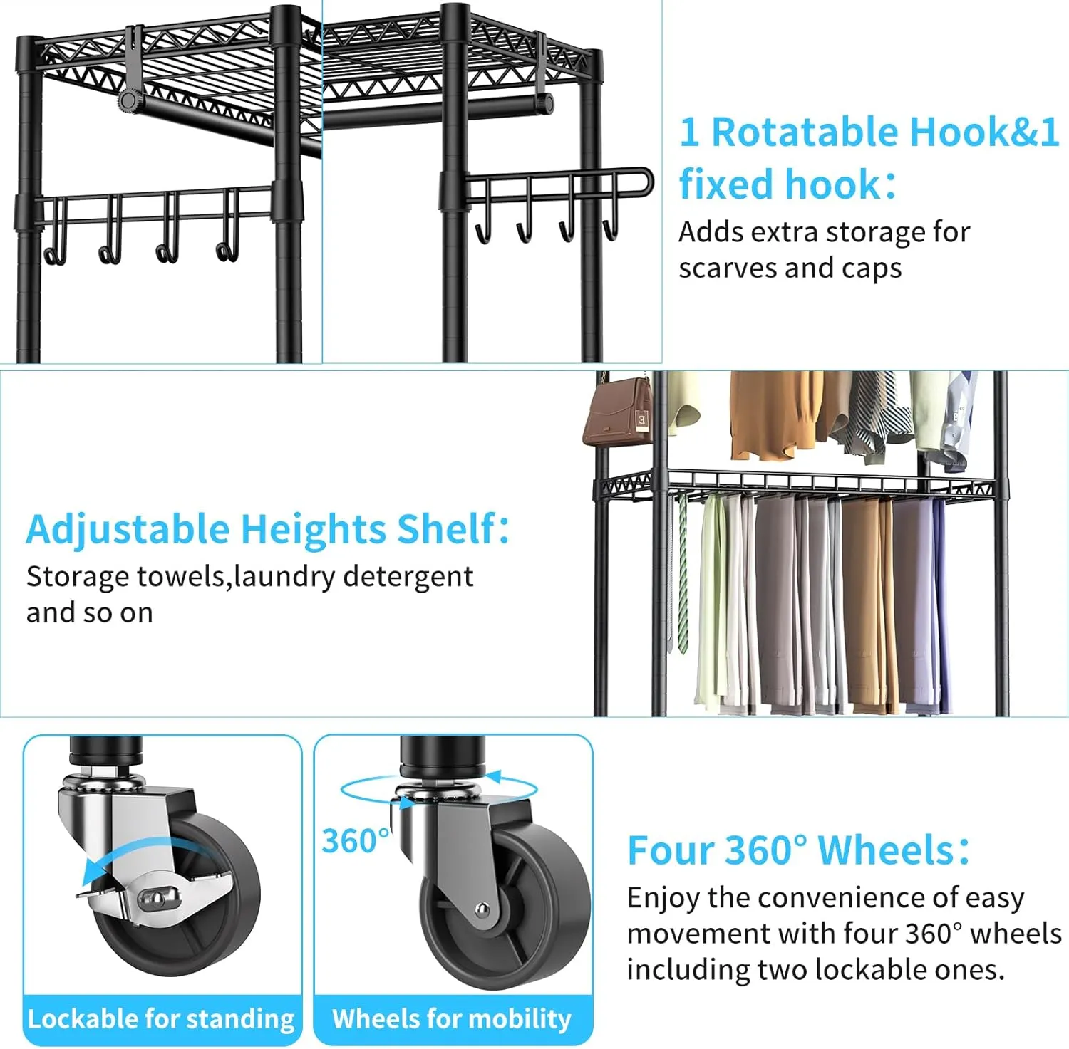 Heavy Duty Rolling Clothes Rack,3 Tier Adjustable Wire Shelving Garment Rack for Hanging Clothes with 1 Hanger Rod&2 Side Hooks,Freestanding Closet Metal Clothing Storage Rack